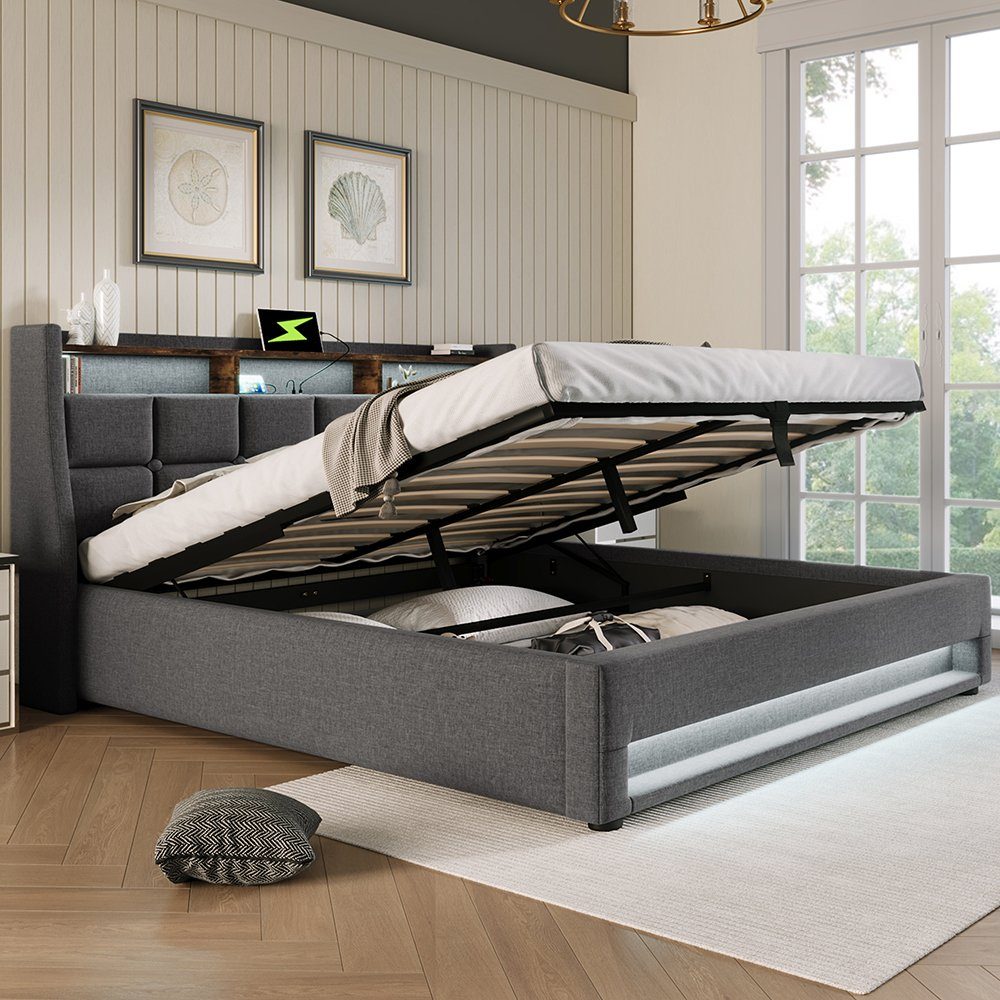 Polsterbett (Funktionsbett, 180x200 cm Hydraulisches Bett mit Lattenrost), Stauraumbett mit LED-Beleuchtung und USB-Anschluss, Baumwolle-Leinen
