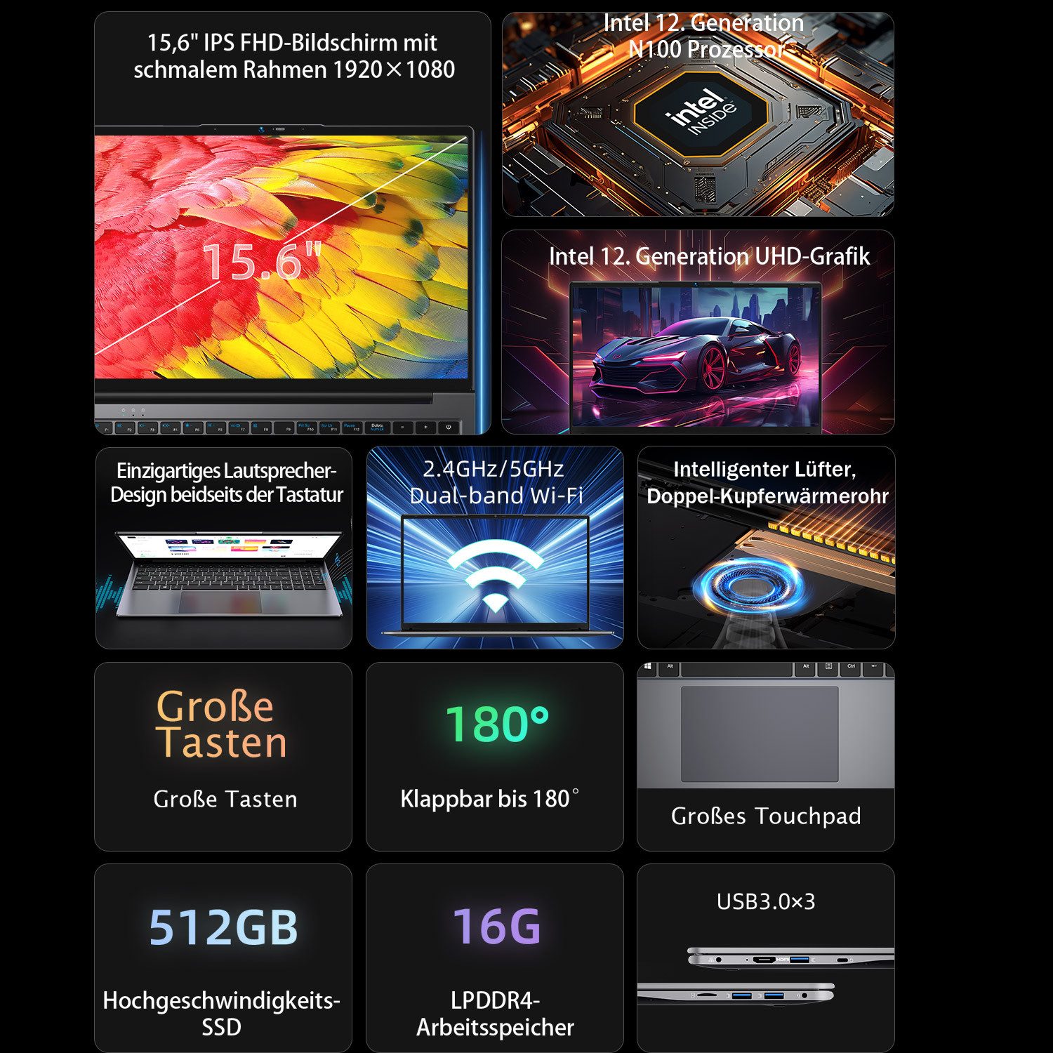 BMAX 15,6 Zoll FHD IPS Laptop, Windows 11, 180° aufklappbar Notebook (39,62 cm/15.6 Zoll, Intel Celeron N100, Intel 12. Generation UHD-Grafik, 16 GB, 512 GB SSD, mit Intel N100 Prozessor, 16GB LPDDR4 RAM & 512GB SSD)