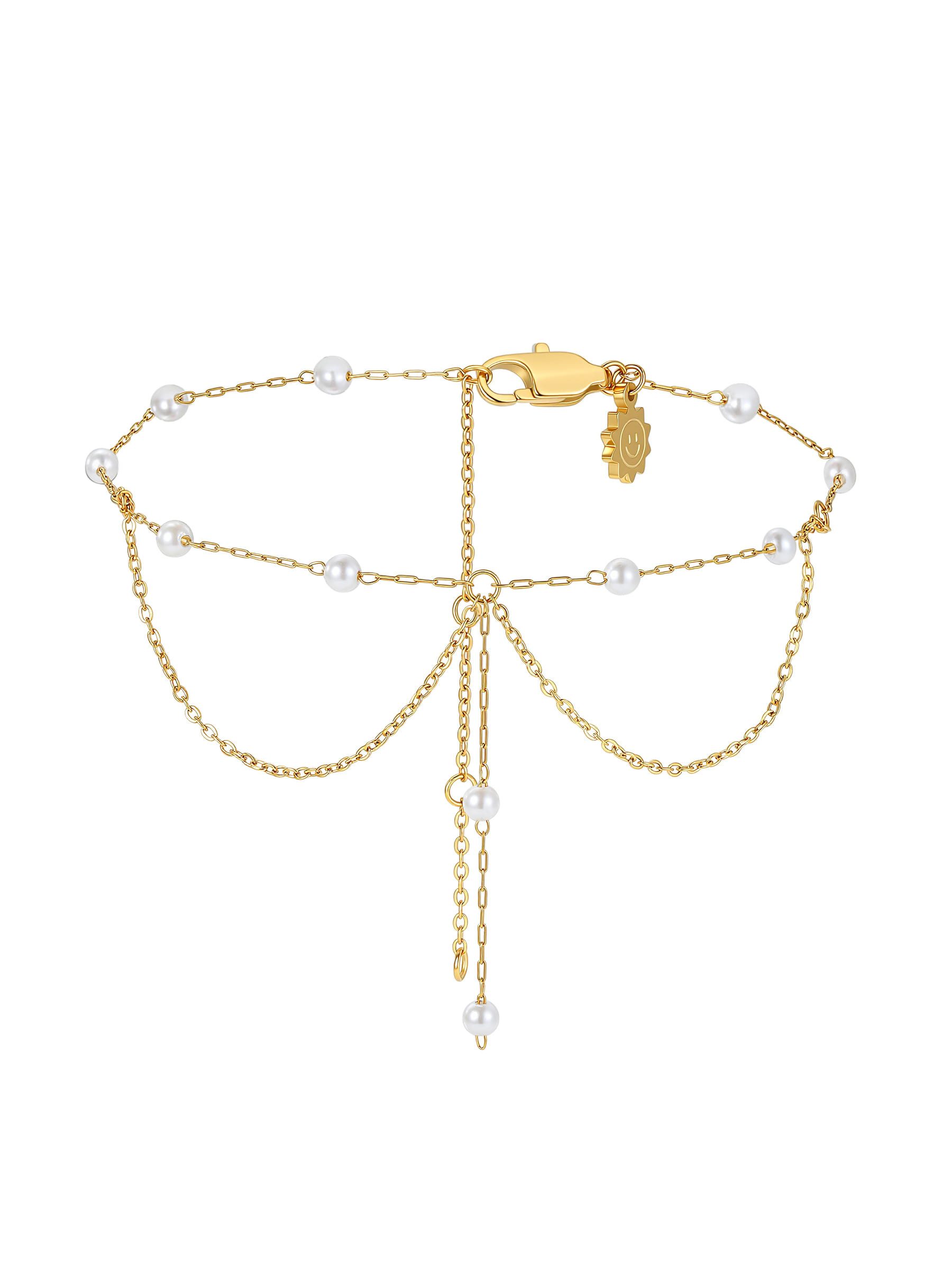 Hey Happiness Fußkette mit Anhänger Zweireihige Perlen Layer-Kette aus Edelstahl, wasserfester Damen Boho Fußschmuck verstellbar
