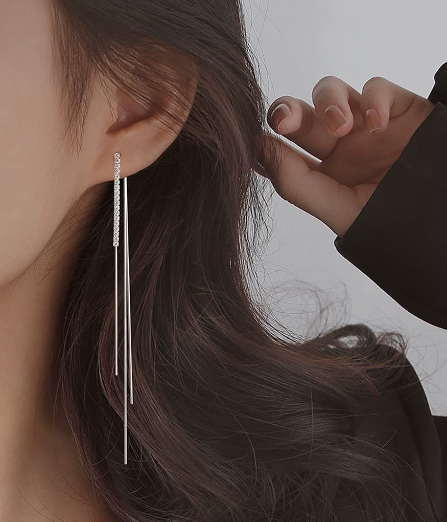 POCHUMIDUU Paar Ohrhänger 925 für Frauen Lange Kette Mädchen, Ohrringe Schlangenkette Ohrringe Silber Rücken Tropfenkette CZ Sterling Quaste