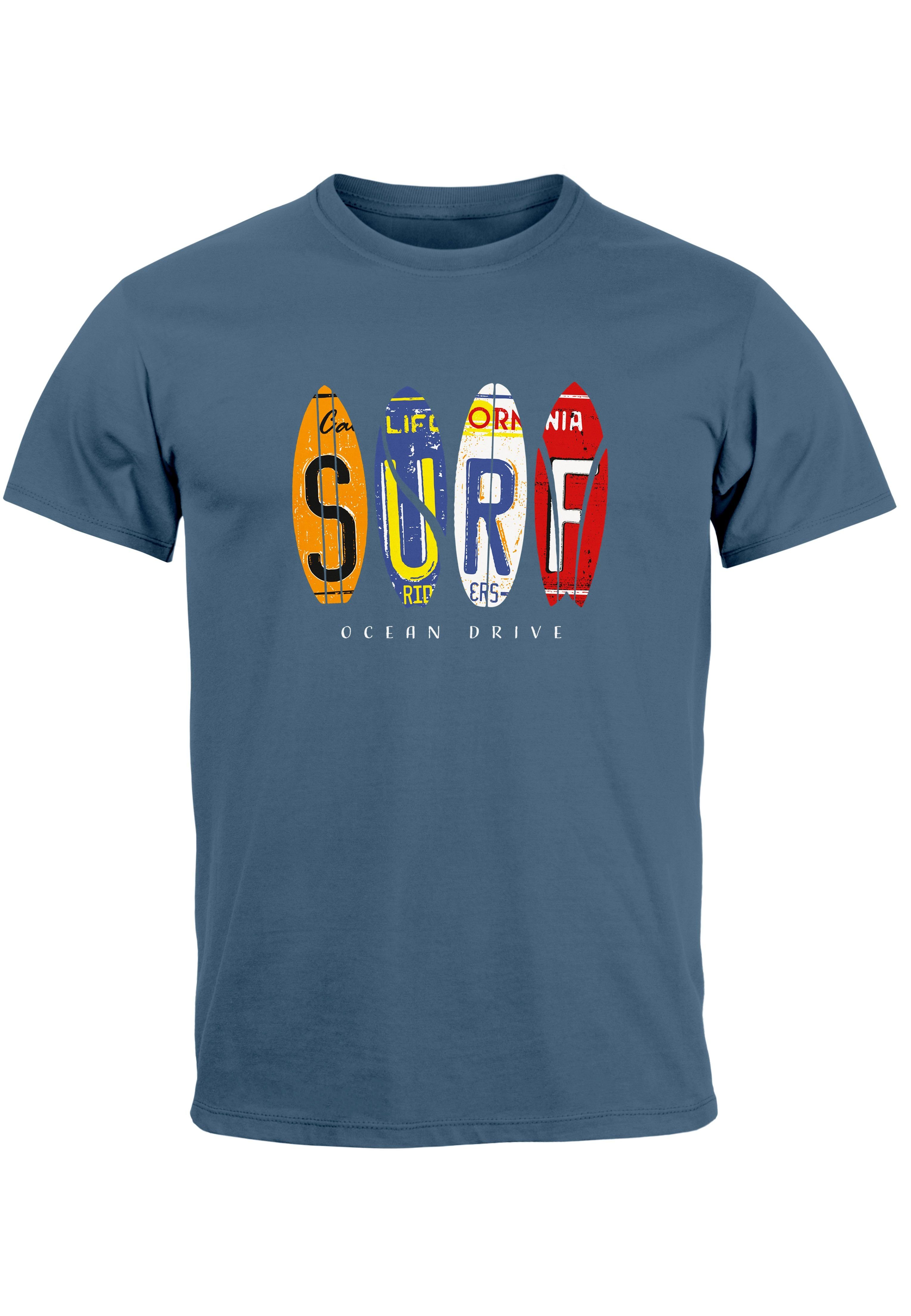 mit California denim Surfing T-Shirt blue Neverless Print-Shirt Ocean Print Print Surfboards Herren Drive Sommer