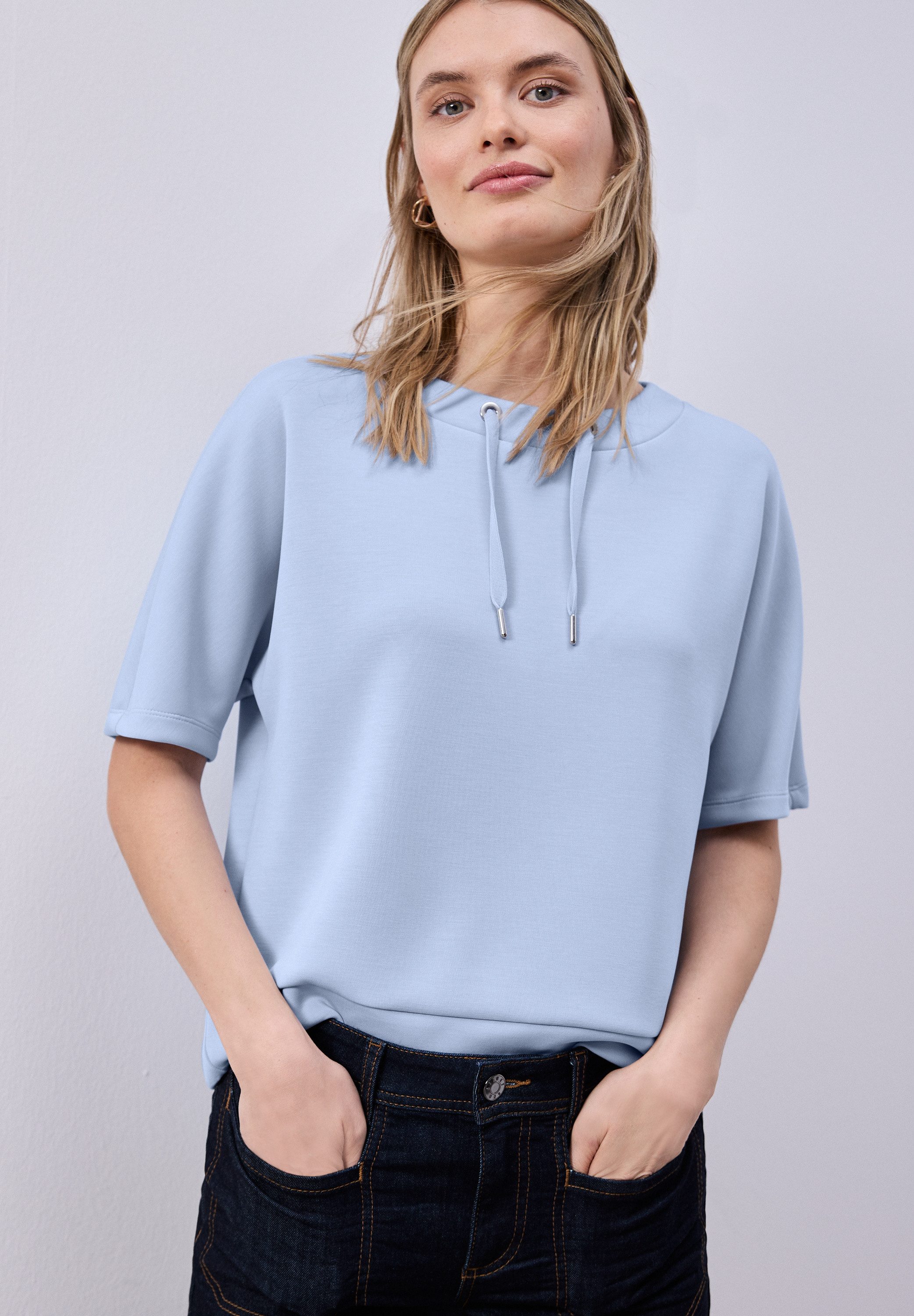 STREET ONE Sweatshirt Halbarm Silk-Look Shirt mit Kordelzug