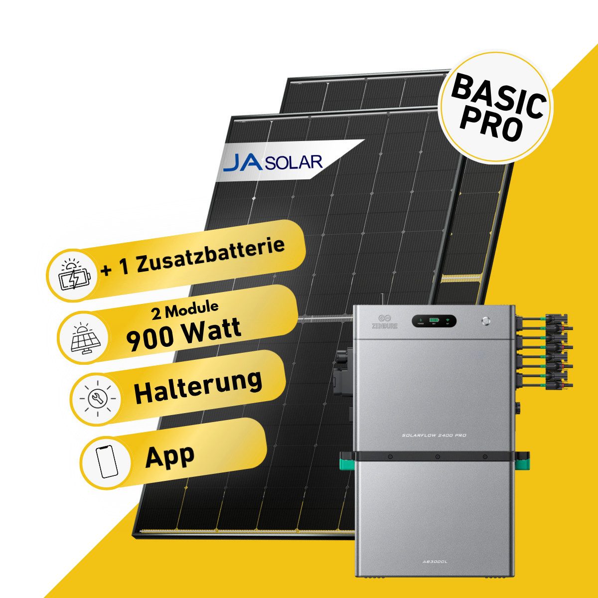 Balkonstrom Balkonkraftwerk Basic Pro 900W Solaranlage mit Speicher Komplettset Bifazial, 900 W, Monokristallin, (2x JA Solarmodul á 450 Watt, 1x Zendure SolarFlow 2400 Pro 2, 1-5 Zusatzspeicher AB3000L), Halterung für Dach, Fassade, Balkon & Garten, App & Plug&Play DE