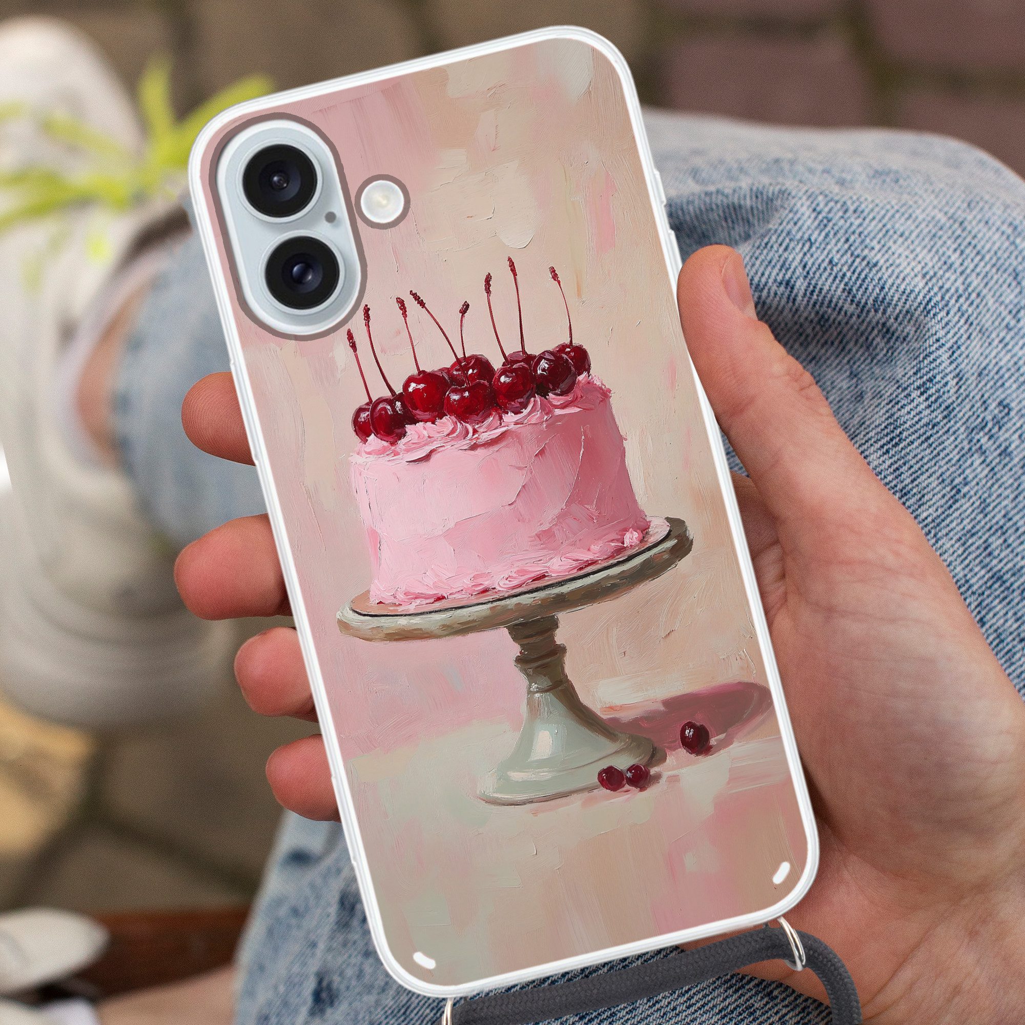 MuchoWow Handyhülle für Apple iPhone 16 Plus Torte - Rosa - Kirsche, Tragbare Handyhüllen mit Kette zum umhängen, Handykette Handyband