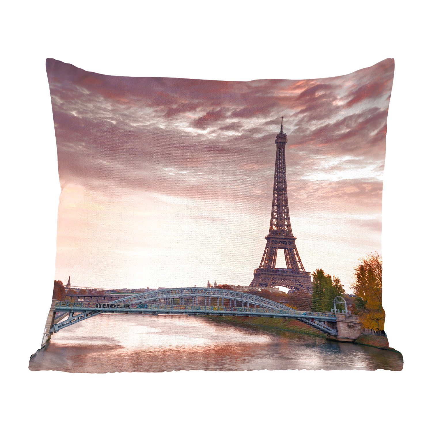 MuchoWow Dekokissen Ein wunderschöner orangefarbener Himmel über dem Eiffelturm in Paris, Zierkissen mit Füllung für Wohzimmer, Schlafzimmer, Deko, Sofakissen