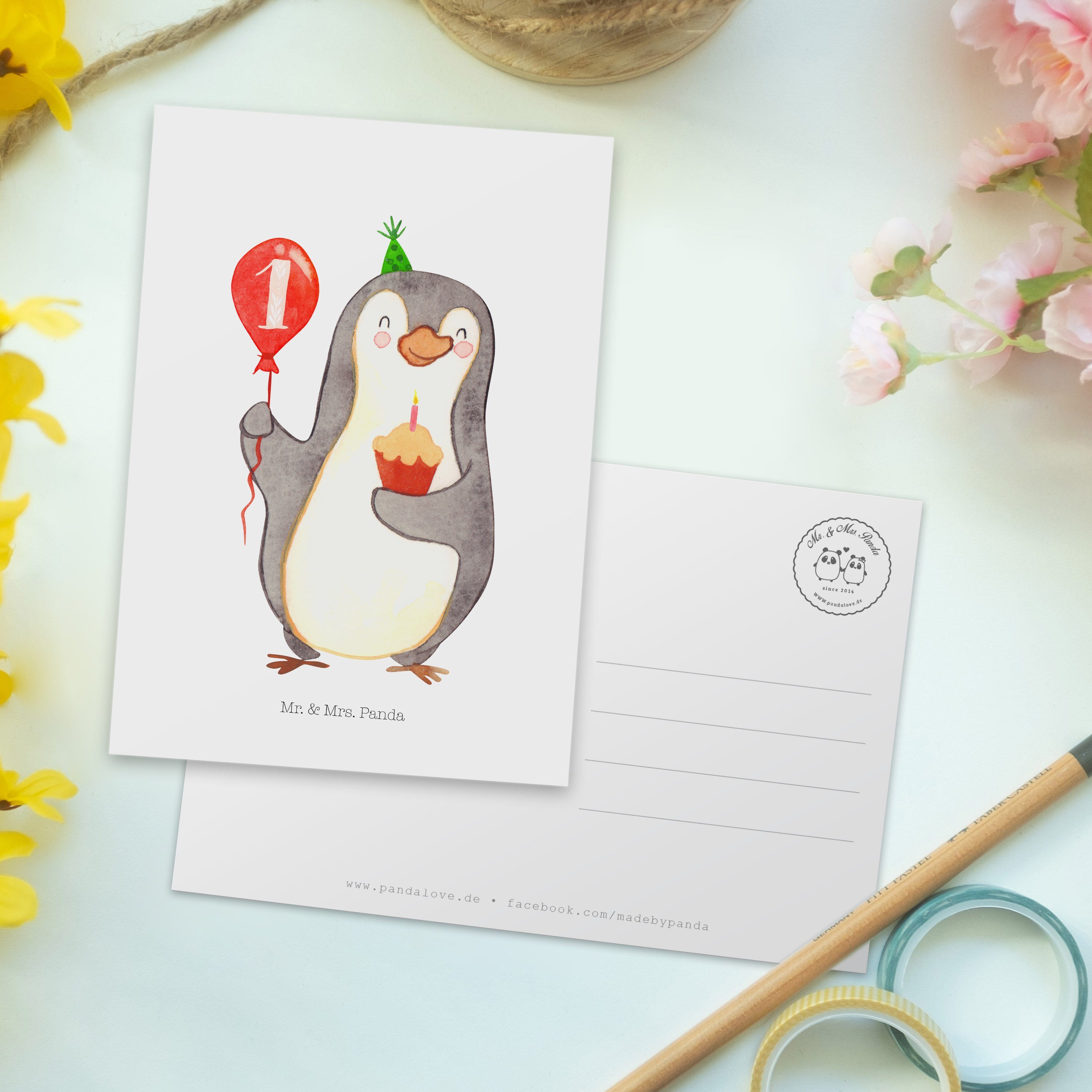 Mr. & Mrs. Panda Postkarte Luftballon Pinguin - 1. Weiß Geburtstag Geburtstagsgesche Geschenk, 