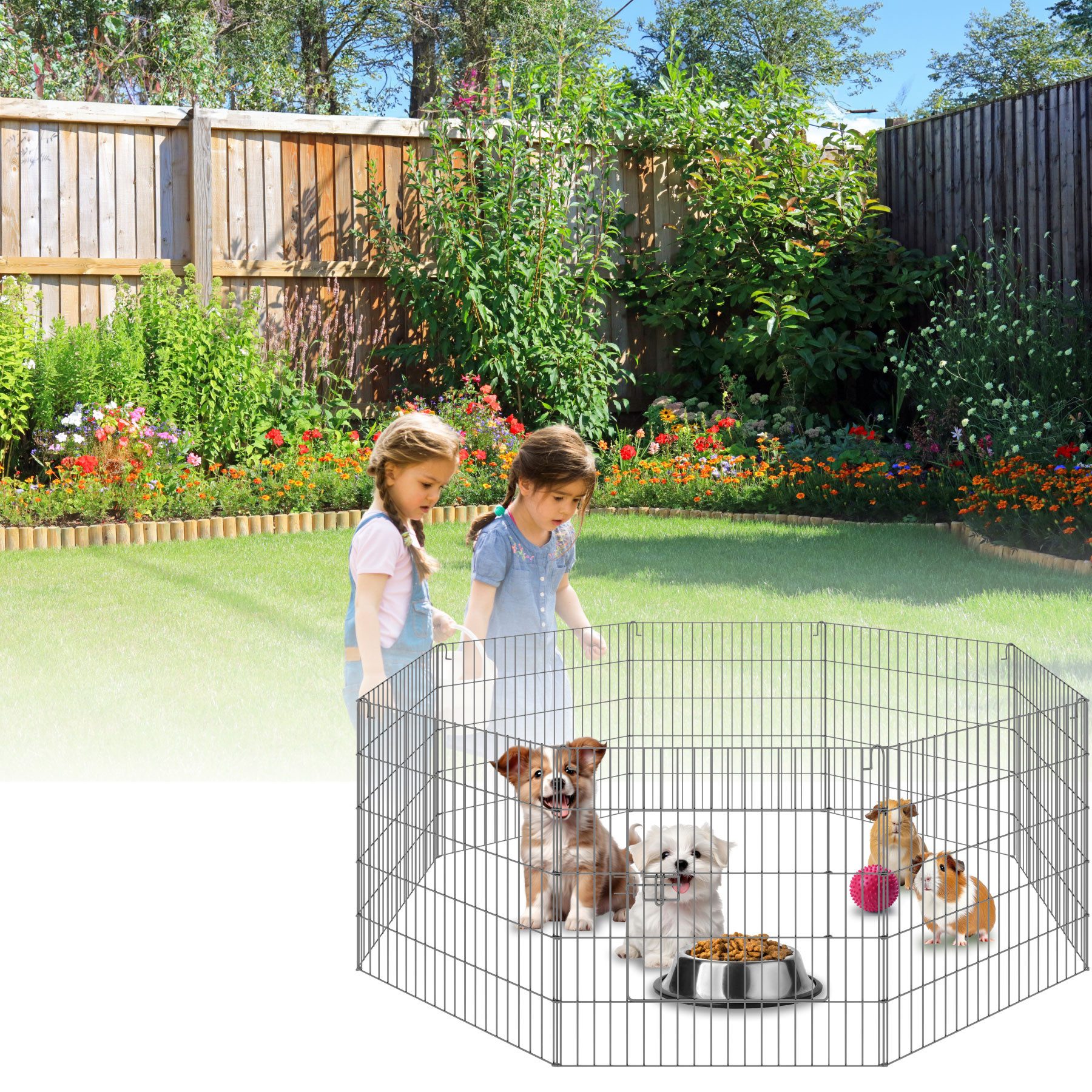 tectake Freigehege Tierauslauf, 145 x 73 cm, Sicherheitsnetz, große Tür mit, Aus 8 Gitterelementen, variable Montage im Stecksystem, erweiterbar