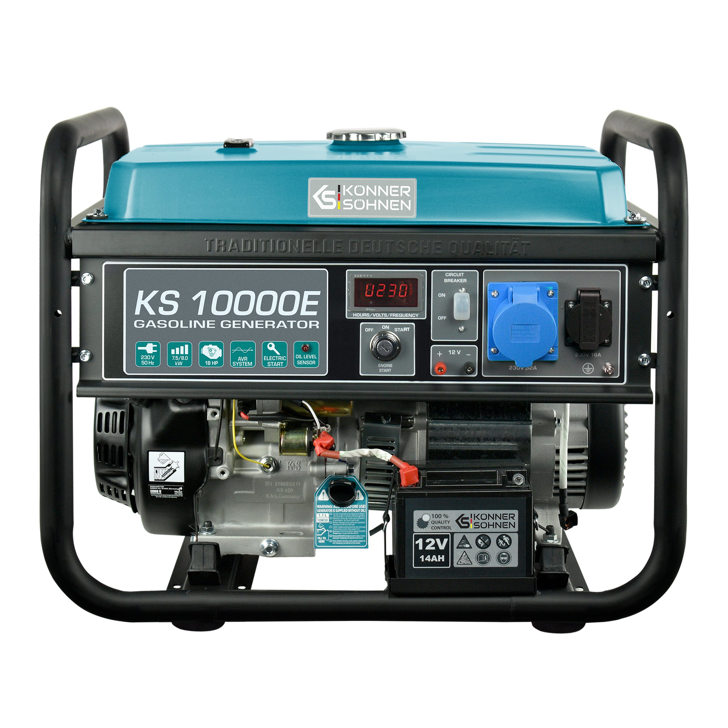 Könner & Söhnen Stromerzeuger KS 10000E, 8,00 in kW, (Steckdosen 1x16A (230V), 1x32A (230V), 1-tlg., 18 PS 4-Takt Benzinmotor, Kupfer, E-Start)