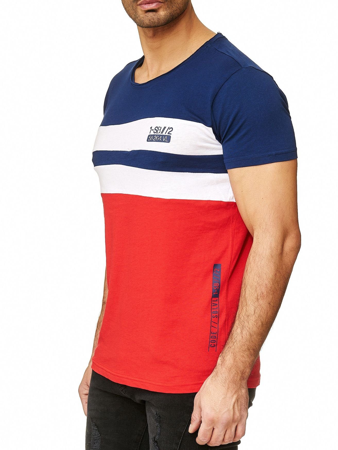T-Shirt Rot SUBLEVEL (1-tlg) T-Shirt 2670 Streifen O-Neck Farbig Colorblock in