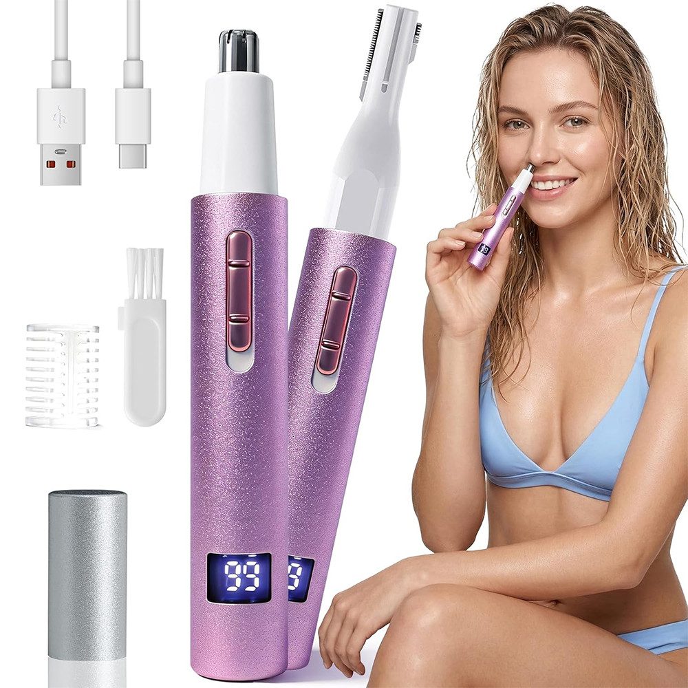 TUWENA Nasenhaartrimmer Nasenhaartrimmer, LED Display Eyebrow & Nose Hair Trimmer Clipper, Rechargeable 2 in 1 Painless Ear & Facial Hair Trimmer with Dual-Edge