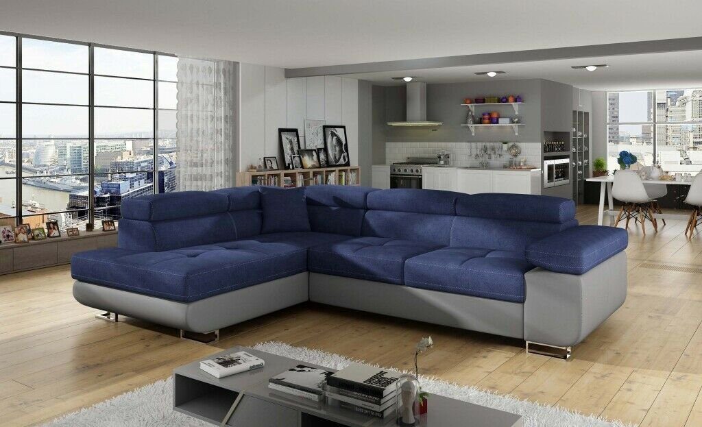 JVmoebel Ecksofa Design Ecksofa Couch L-Form Sofa Eck Stoff Couch, Made Europe in Blau/Grau