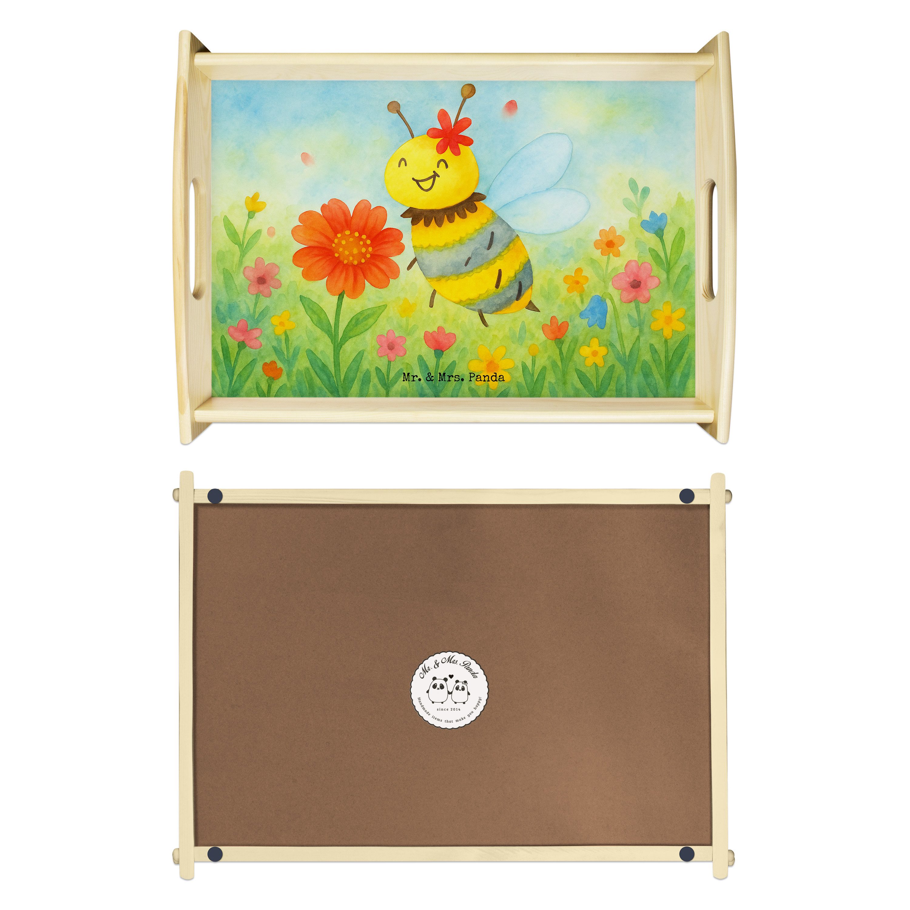 Mr. & Mrs. Panda Tablett Biene Blume Design, Tablett, Weiß, betttablett, Tablett, bett, Servie, Echtholz lasiert, (Packung, 1-tlg)