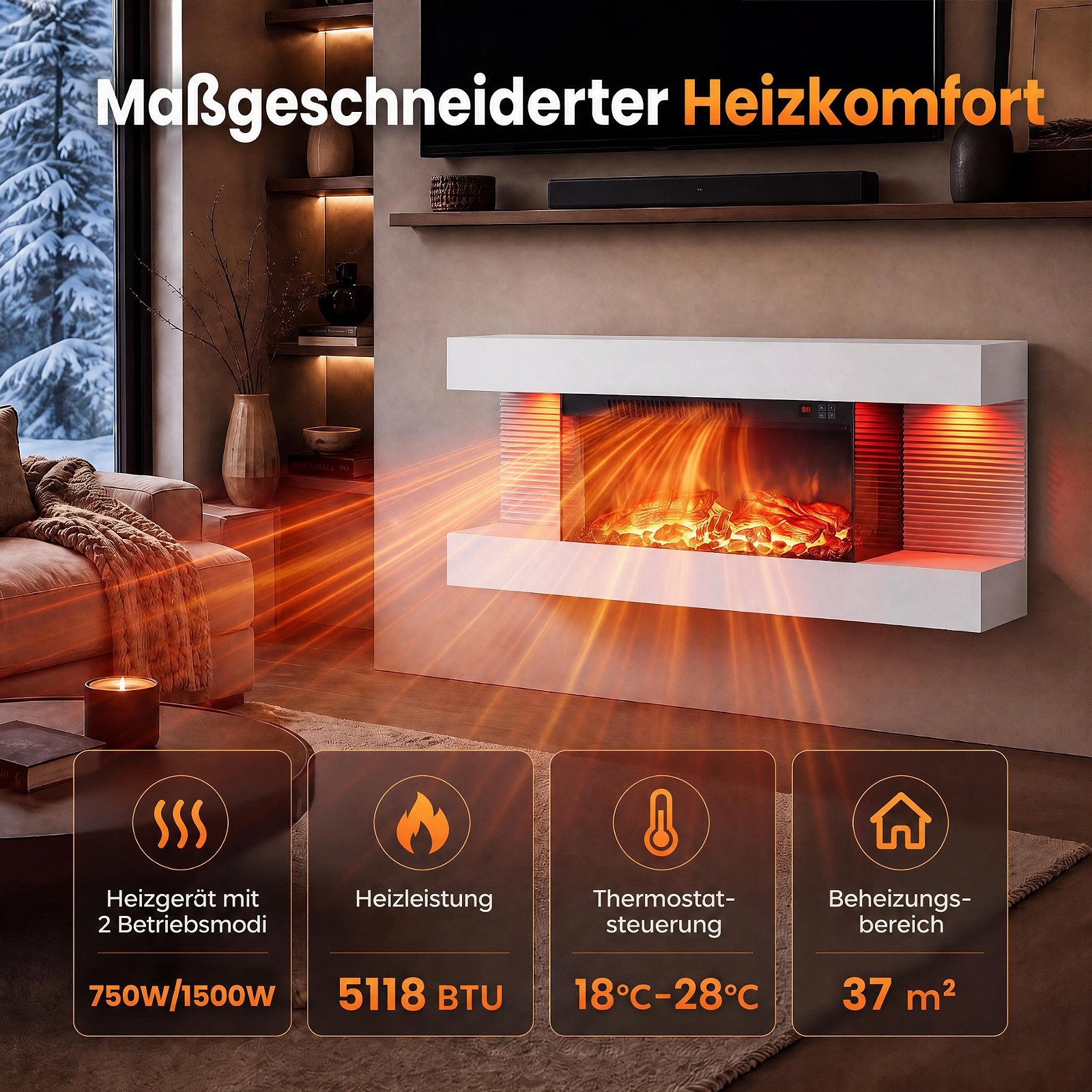 COSTWAY Elektrokamin Wandkamin mit LED-Seitenlichtern, 3D-Flammeneffekt – Bild 5 von 5