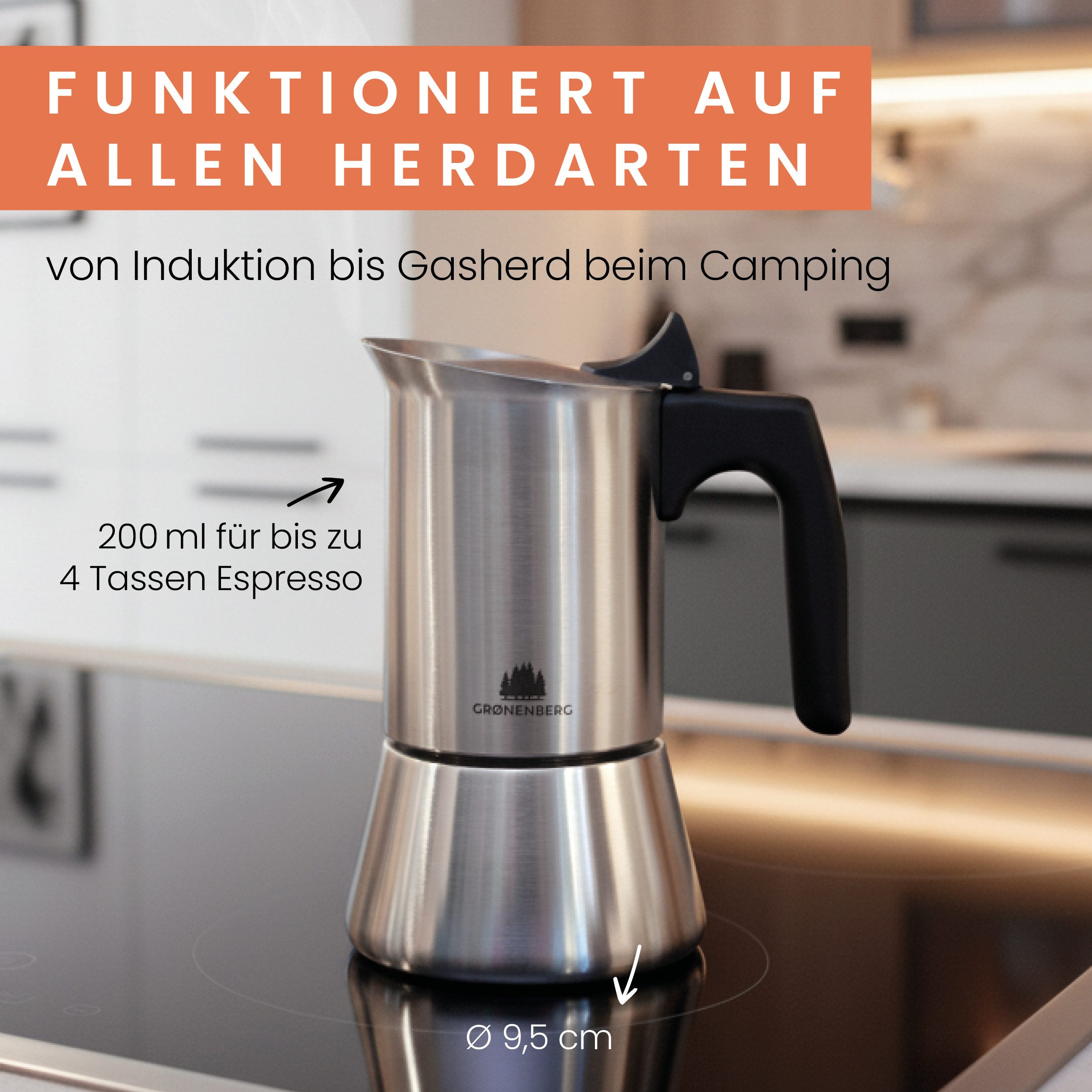 GRØNENBERG Espressokocher Induktion geeignet, Edelstahl, 4 o. 6 Tassen, 0,2l Kaffeekanne, Inkl. Reduziersieb & Ersatzdichtung, Espressokanne Aluminiumfrei & unbeschichtet