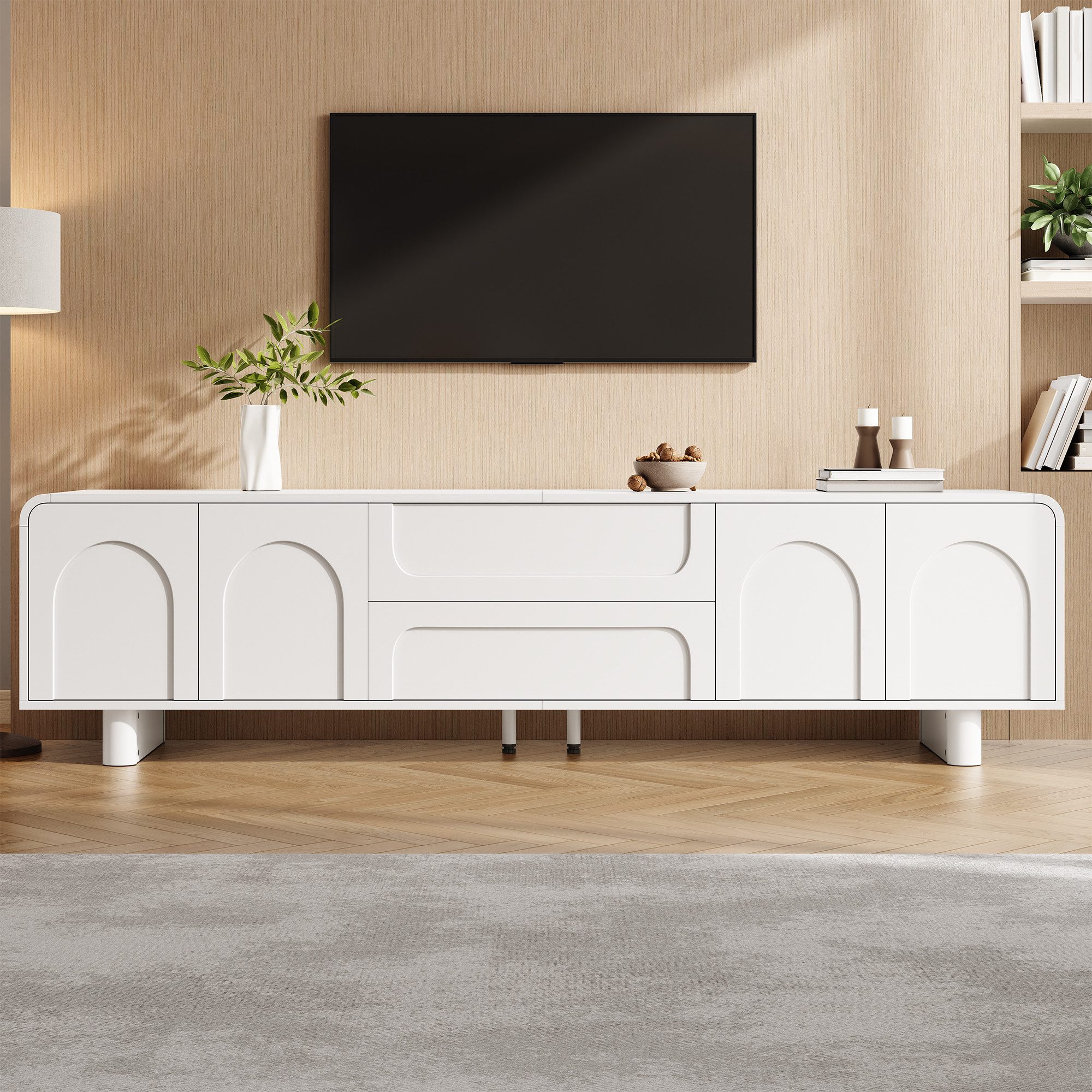 Merax Lowboard mit abgerundeten Kanten und Kabelöffnung (1 St., 180 x 40 x 46 cm (L x B x H), TV-Schrank mit 4 Türen, 2 Schubladen & gedämpften Scharnieren