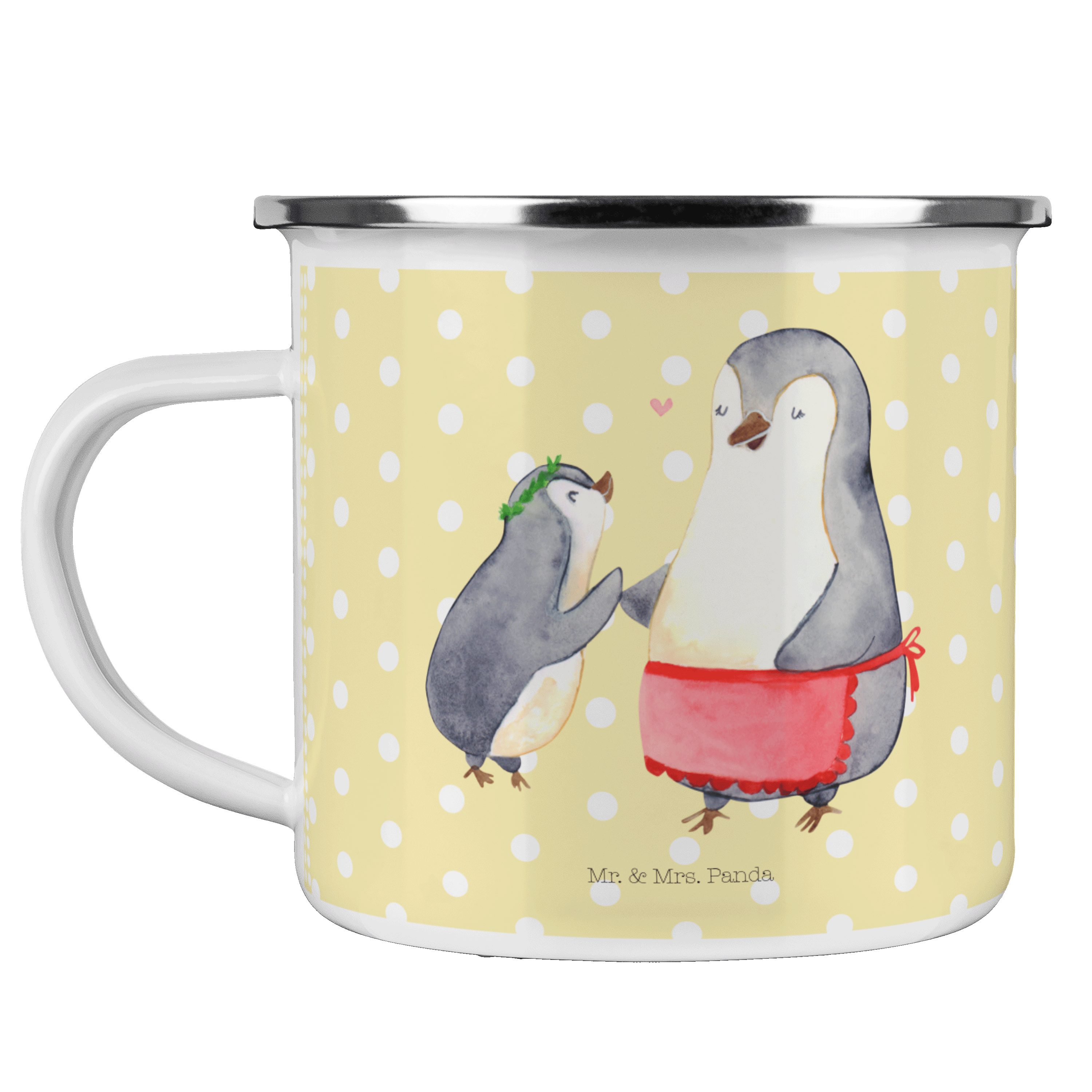 Mr. & Mrs. Panda Becher Pinguin mit Kind - Gelb Pastell - Geschenk, Mama, Kaffee Blechtasse, Emaille