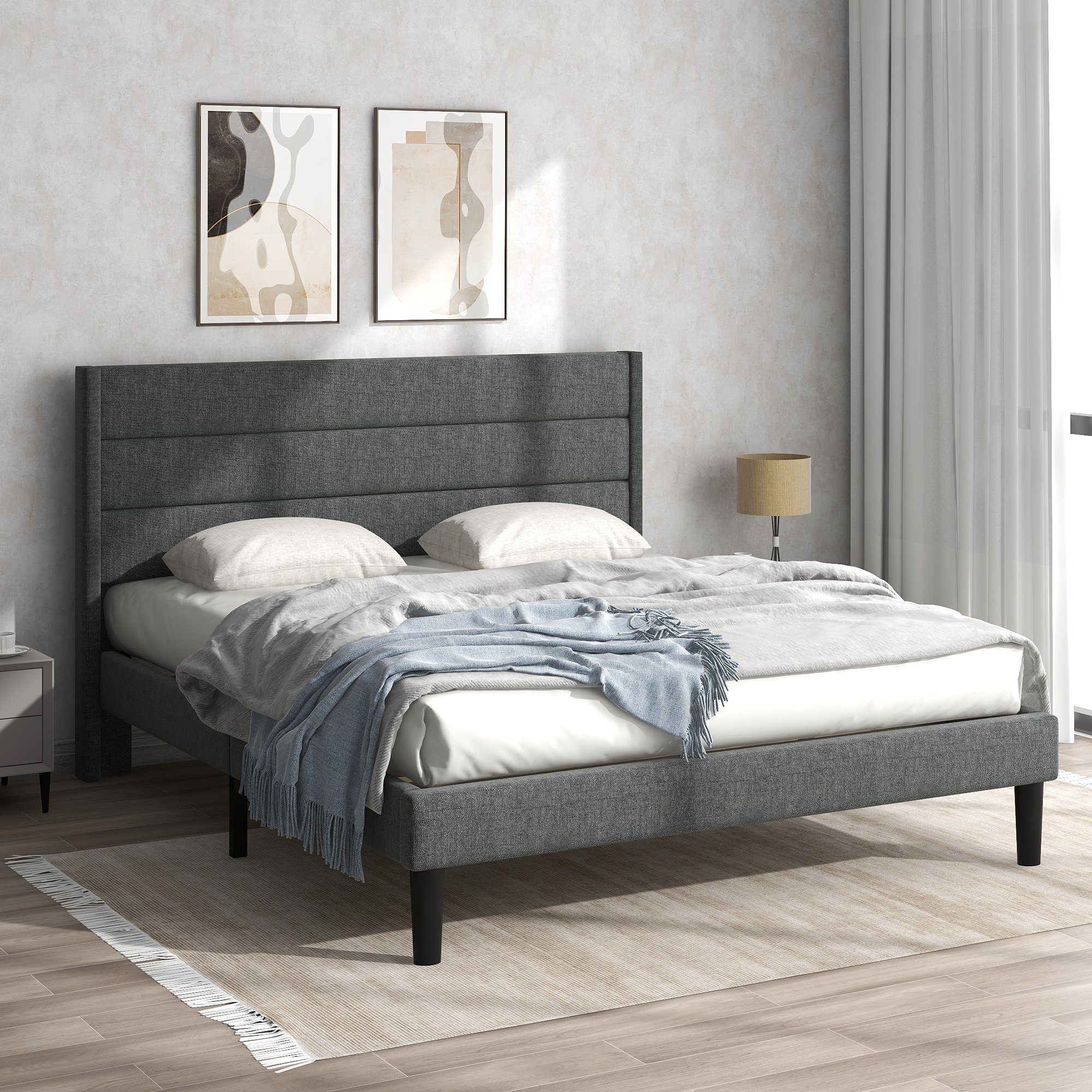 Polsterbett, 140 x 200 cm Doppelbett Ehebett mit Lattenrost & Kopfteil, Leinen