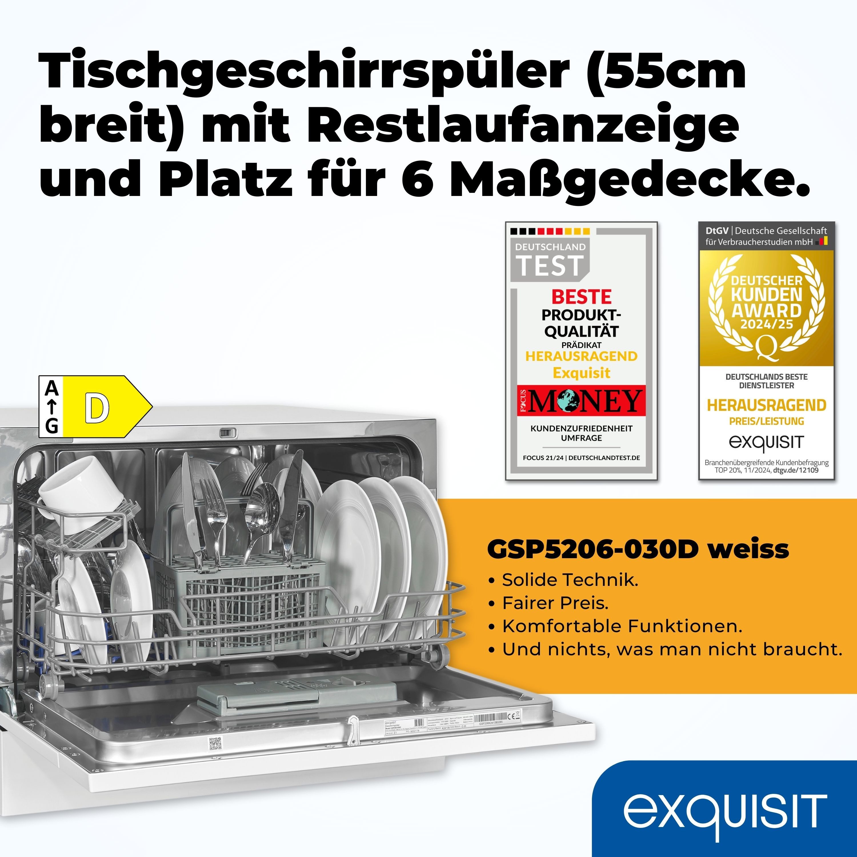 exquisit Tischgeschirrspüler GSP5206-030D, 6.5 l, 6 Maßgedecke, 6 Maßgedecke, 6,5 Liter, Auto-Door-Open, Startzeitvorwahl, LED-Display