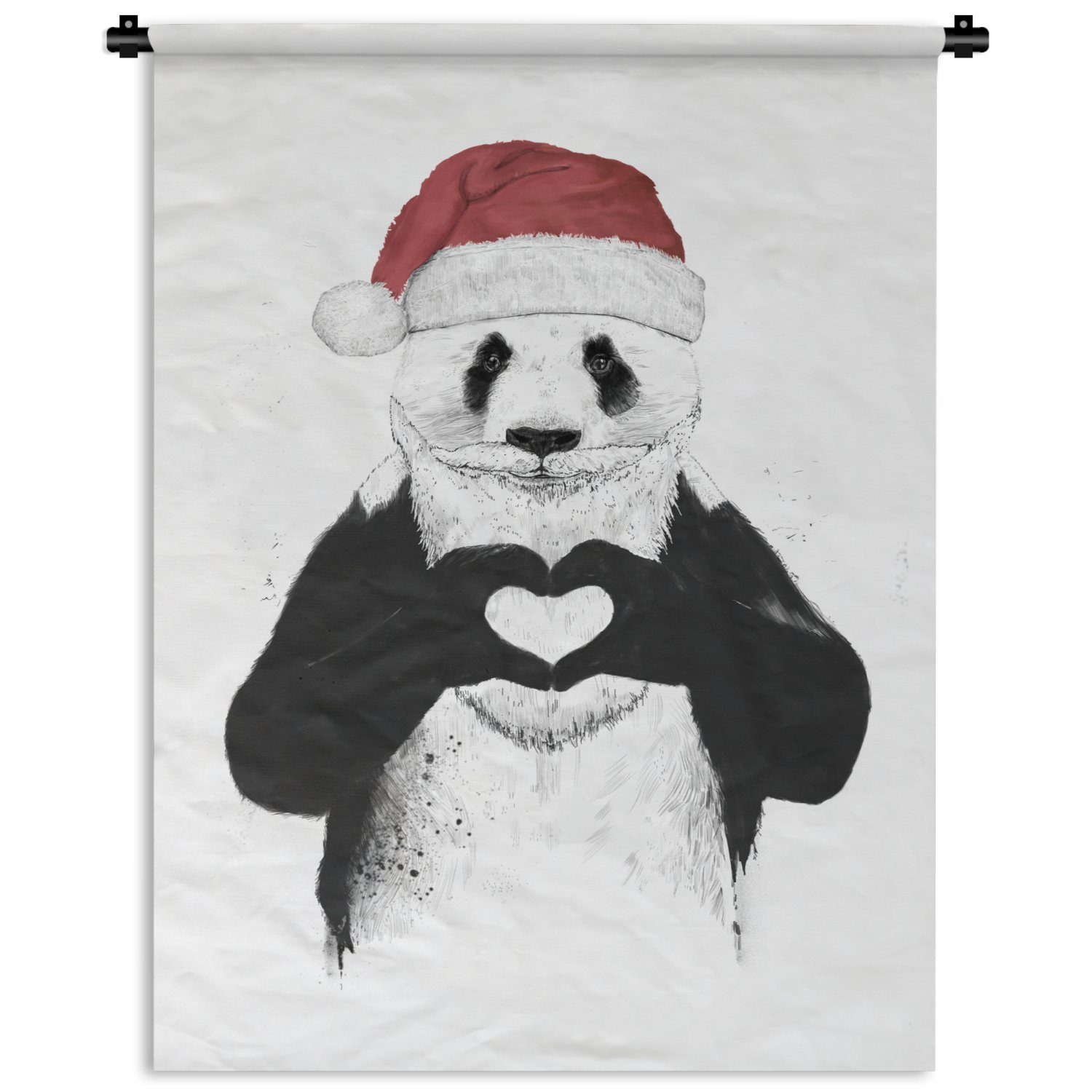 für Wanddekoobjekt Deko Wand, - MuchoWow Herz - an Weihnachtsmütze - Schlafzimmer Tapisserie, Wohnzimmer, Panda der Liebe,