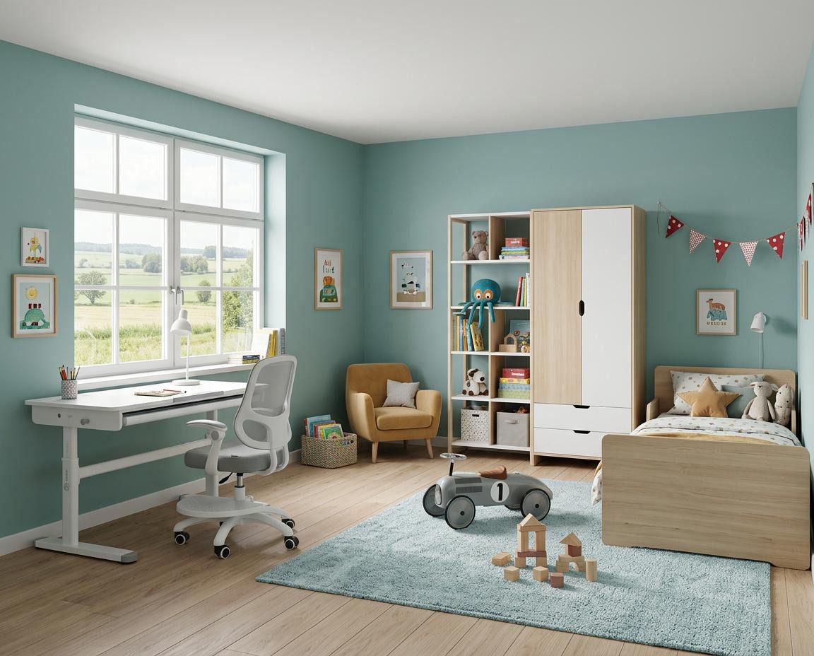 roba® Kinderschreibtisch Smart Grow - Schreibtisch für Kinder & Jugendliche - höhenverstellbar, Schublade - ab 6 Jahren - abgerundete Ecken - aus Metall & Holz - Weiß
