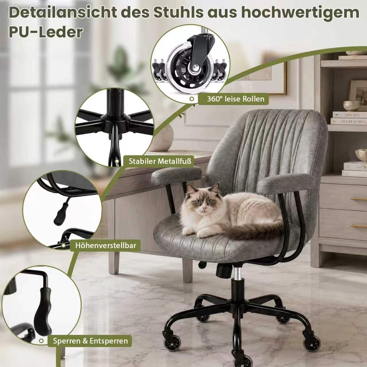 Hoolamyie Schreibtischstuhl, Bürostuhl, PU-Kunstleder mit Holzoptik, 360° drehbar (Drehstuhl – 360° drehbar, höhenverstellbar, Kunstleder,Einzelstuhl, höhenverstellbar, PU-Kunstleder)