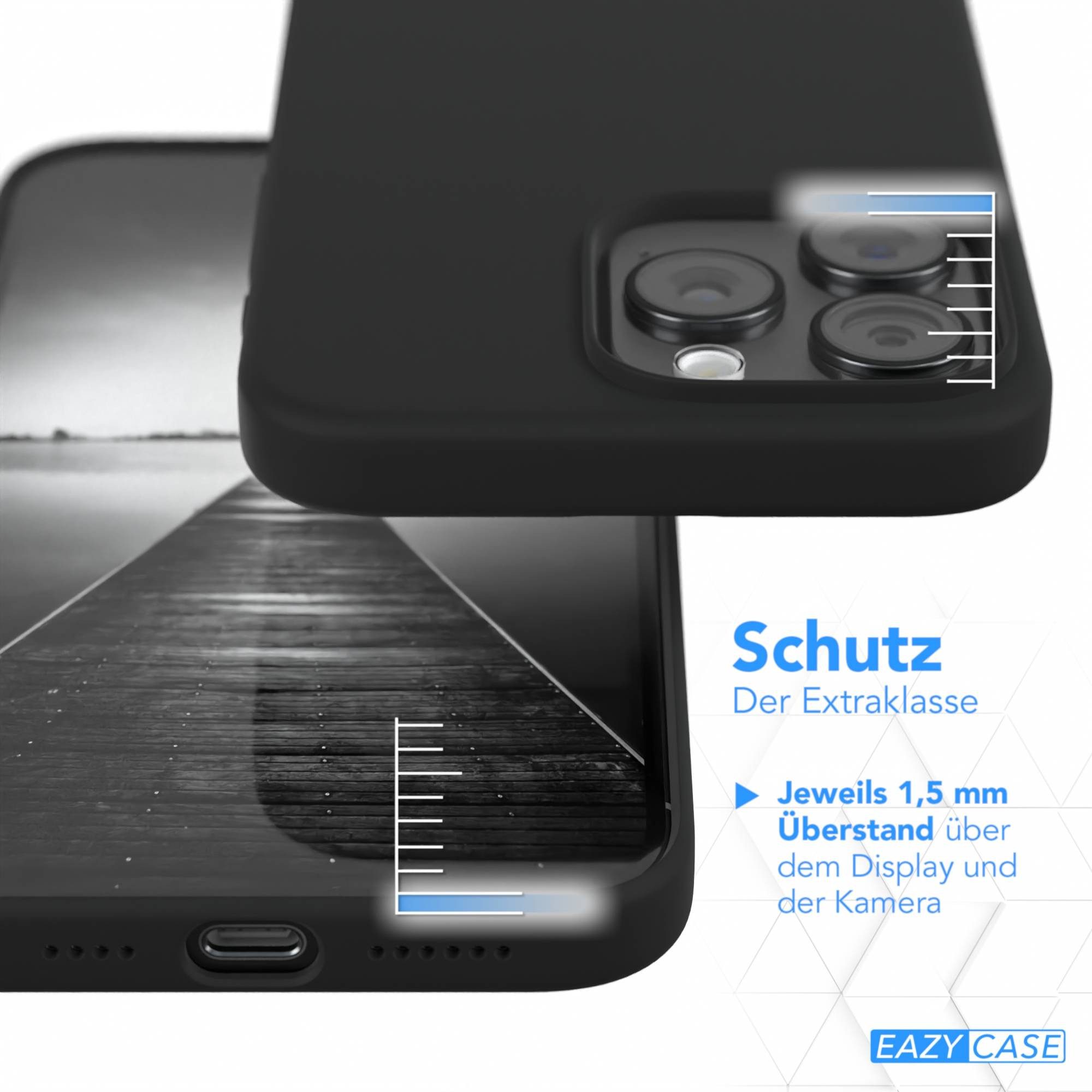 EAZY CASE Handyhülle Premium Silikon Case für Apple iPhone 15 Pro Max 6,7 Zoll, Hülle mit Kameraschutz Bumper Silikonhülle stoßfest Slimcover Schwarz
