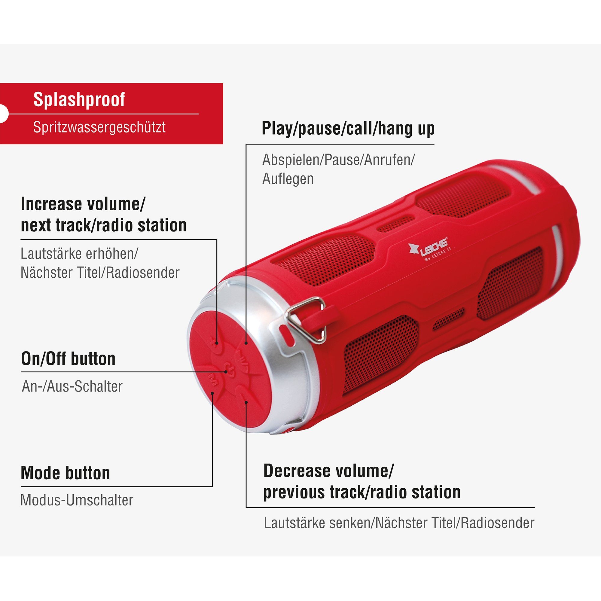 Leicke DJ Roxxx Active Bluetooth-Lautsprecher stereo (Bluetooth, 10 W, Bass-Boost, spritzwassergeschützt (IPX4), schützende Gummiumantelung)