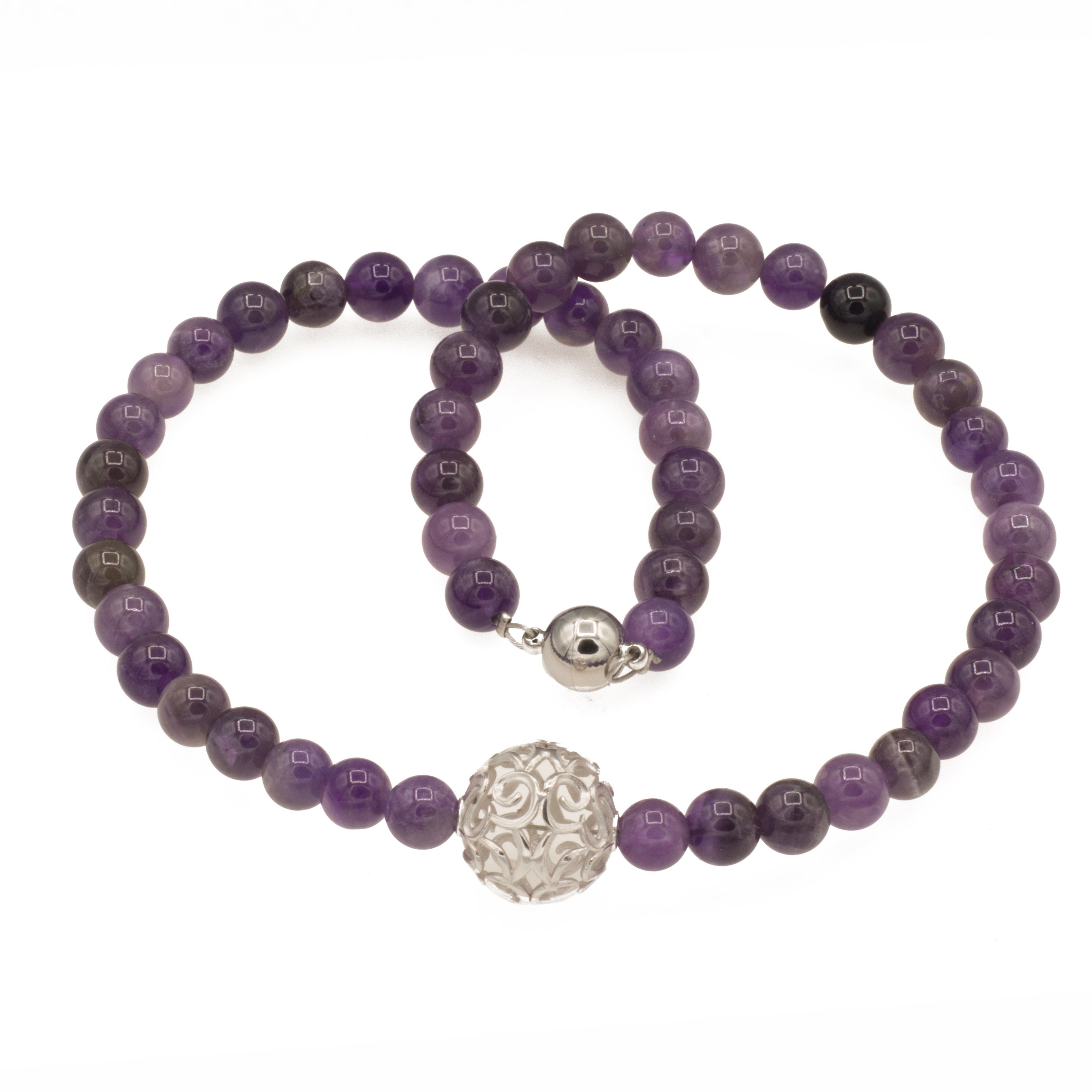 Perlenkette Kette mit Amethyst Perlen und großer 925 Silberperle, mit großer Perle aus 925 Silber