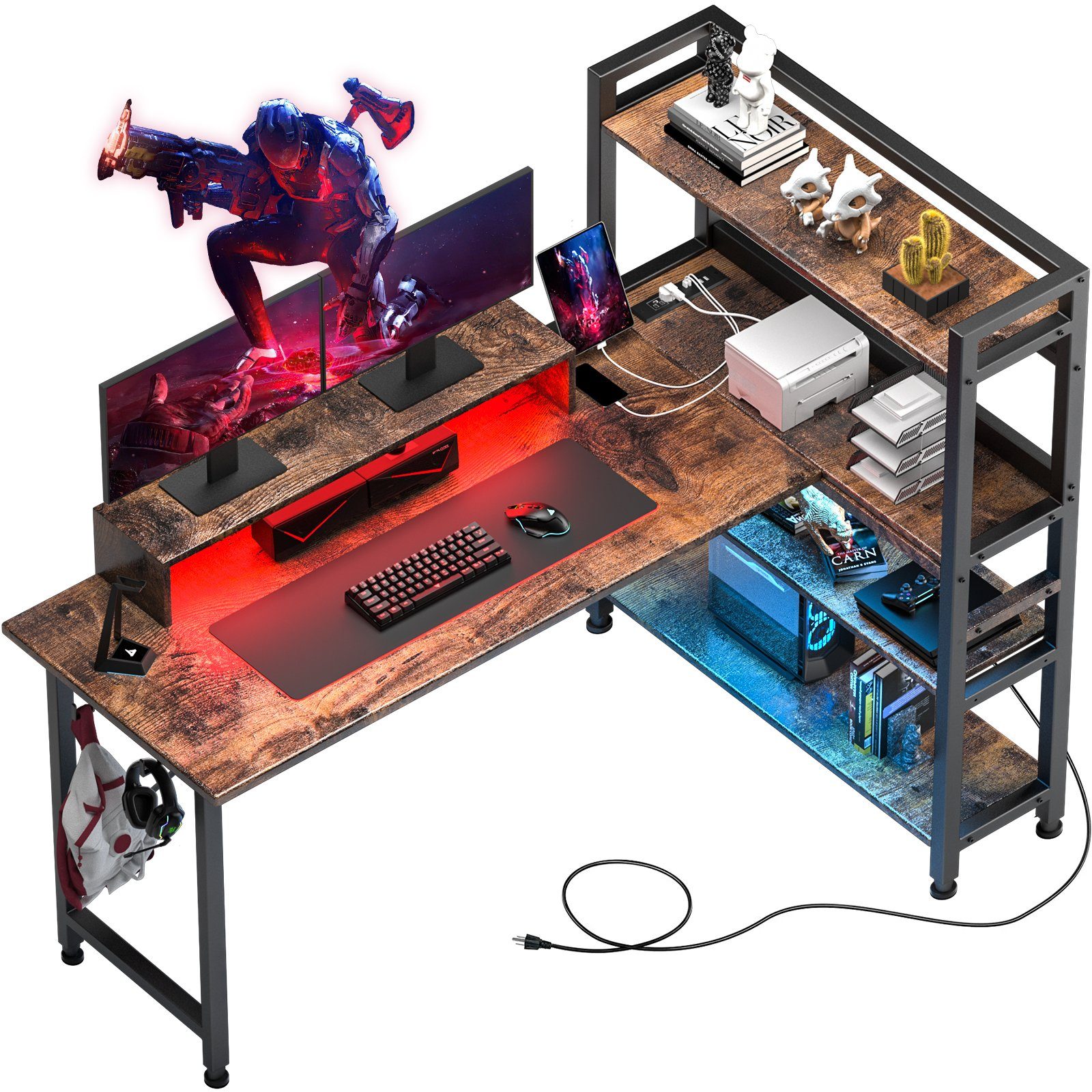 GTPLAYER Computertisch Gamingtisch Gaming Tisch Schreibtisch mit 4 Ablagen Netzsteckdose, 55 Zoll Schreibtisch mit Monitorständer und eingebaute LED-Lichter