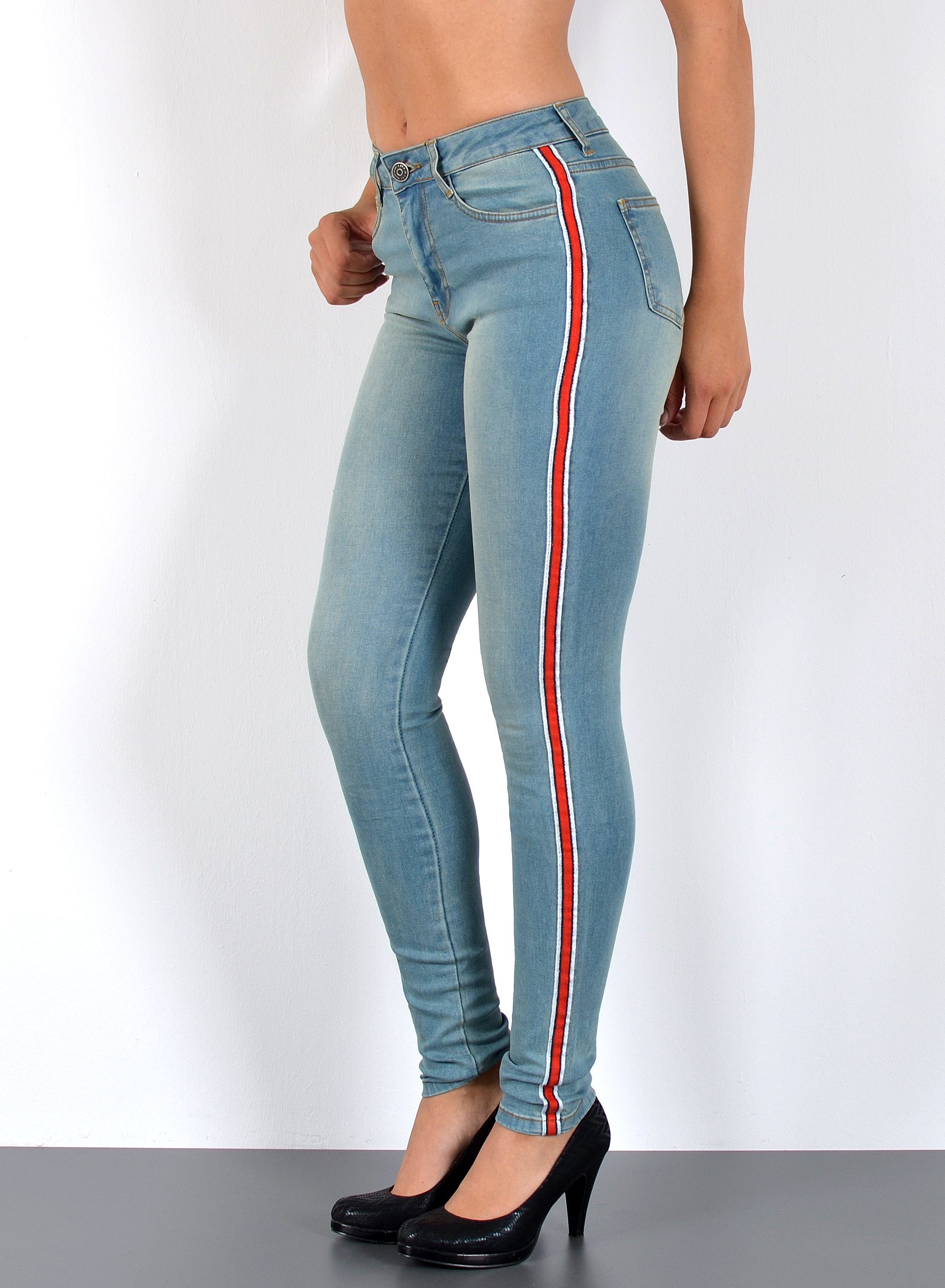 ESRA Skinny-fit-Jeans Damen High Waist Skinny Jeans mit Streifen bis Große Größe J330 Skinny Jeans Damen High Waist mit Seitenstreifen Galonstreifen Hose