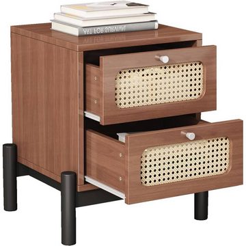 Powerwill Nachttisch Klassischer Nachttisch (mit 2 Schubladen, Rattan-Schubladenplatte), L40*W40*H55CM