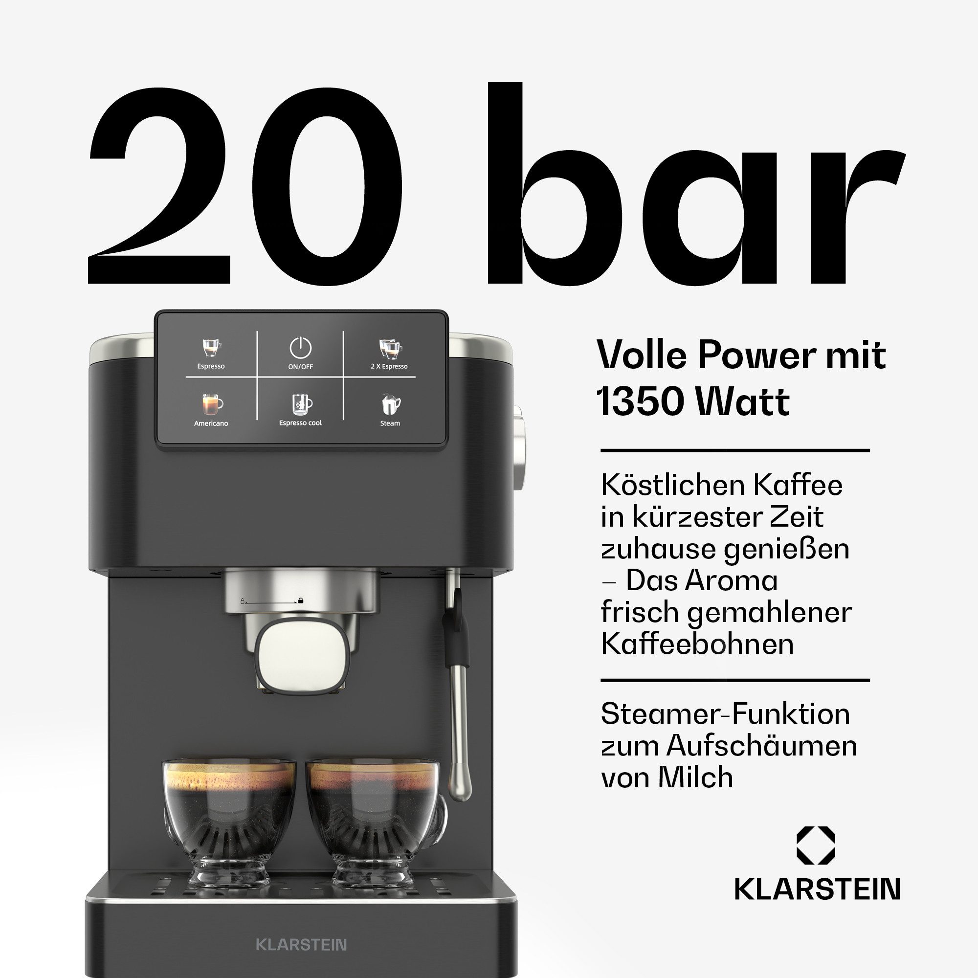 Klarstein Espressomaschine, 1.5l Kaffeekanne, Edelstahlfilter, Elektrisch 20 Bar Espressomaschine Kaffemaschine Touch