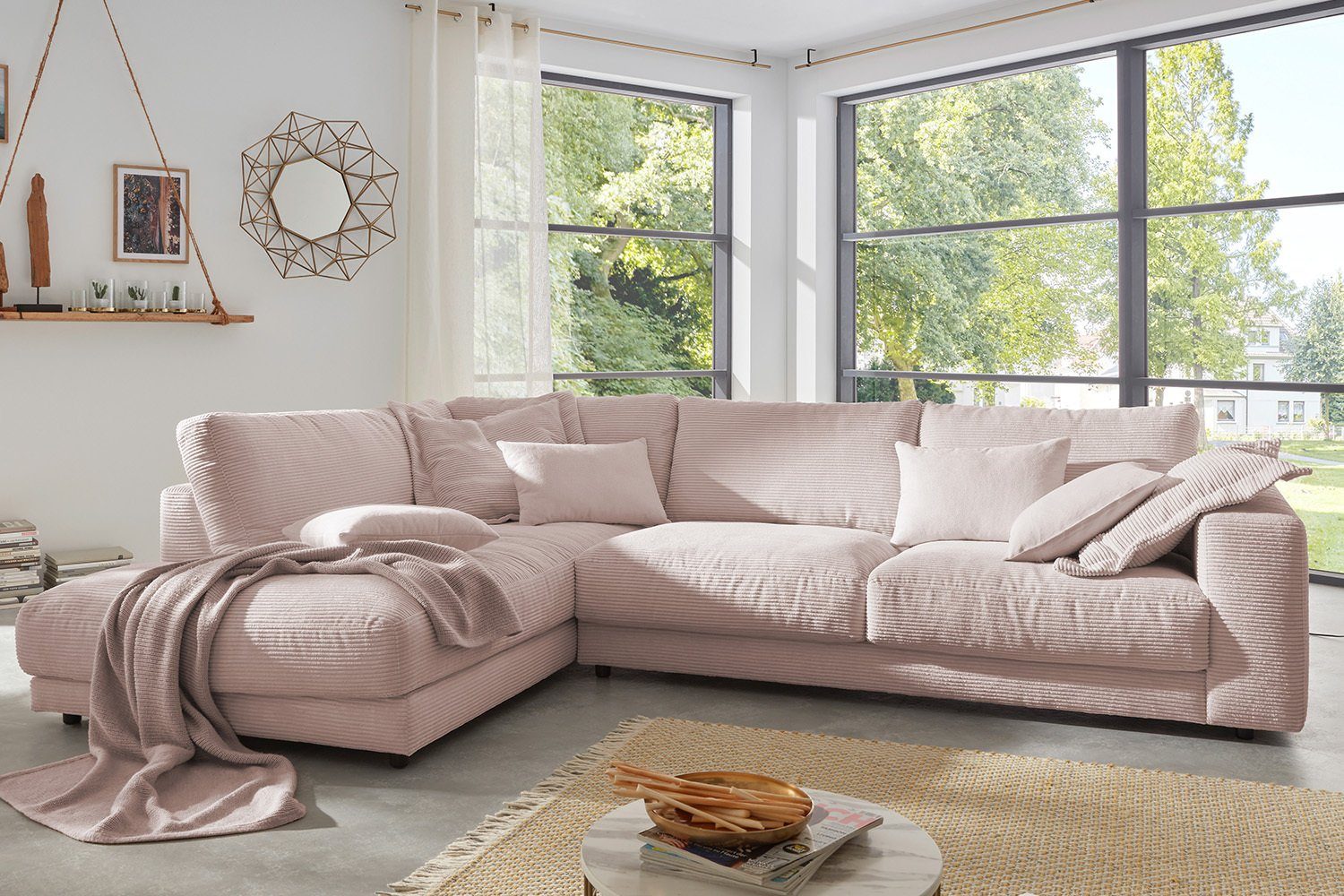 KAWOLA Ecksofa MADELINE, links, rechts rosa Cord, versch. Farben od. Recamiere Sofa