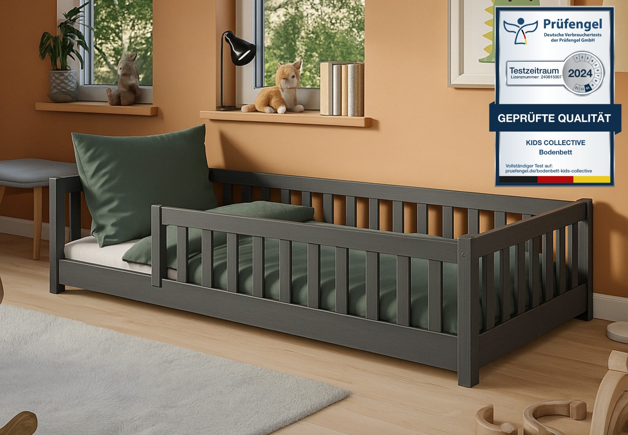 Kids Collective Kinderbett Bodenbett Bett mit Rausfallschutz & Lattenrost Montessori Bett Kinder (weitere Größen 80x160, 80x180, 90x190, 120x200, 140x200 cm), Jugendbett Einzelbett Graphit Kiefer 90x200 cm