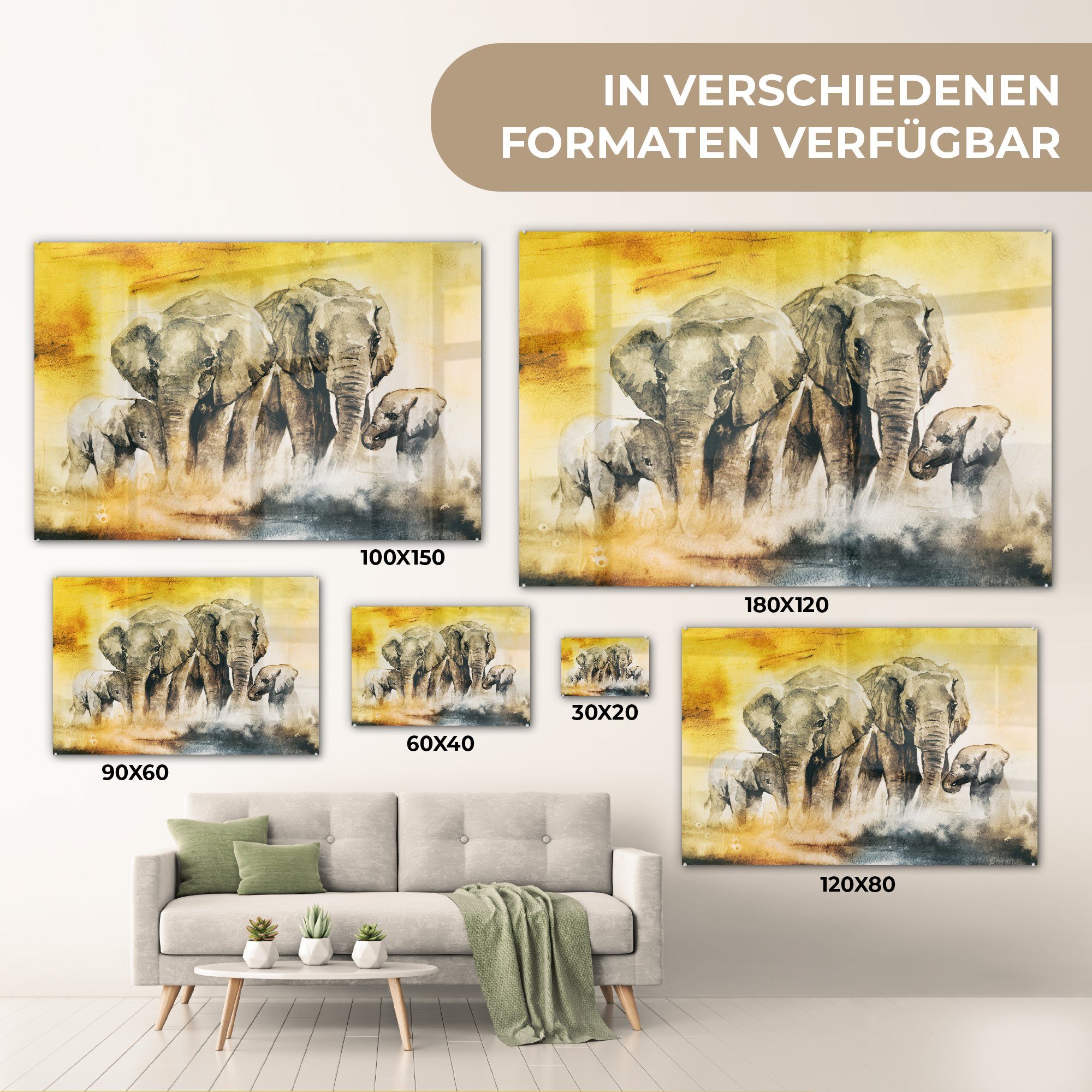 - Aquarellfarbe Familie, Glasbilder auf Wandbild - - - Glas Bilder Acrylglasbild (1 auf MuchoWow Wanddekoration Elefant Foto St), - Glas