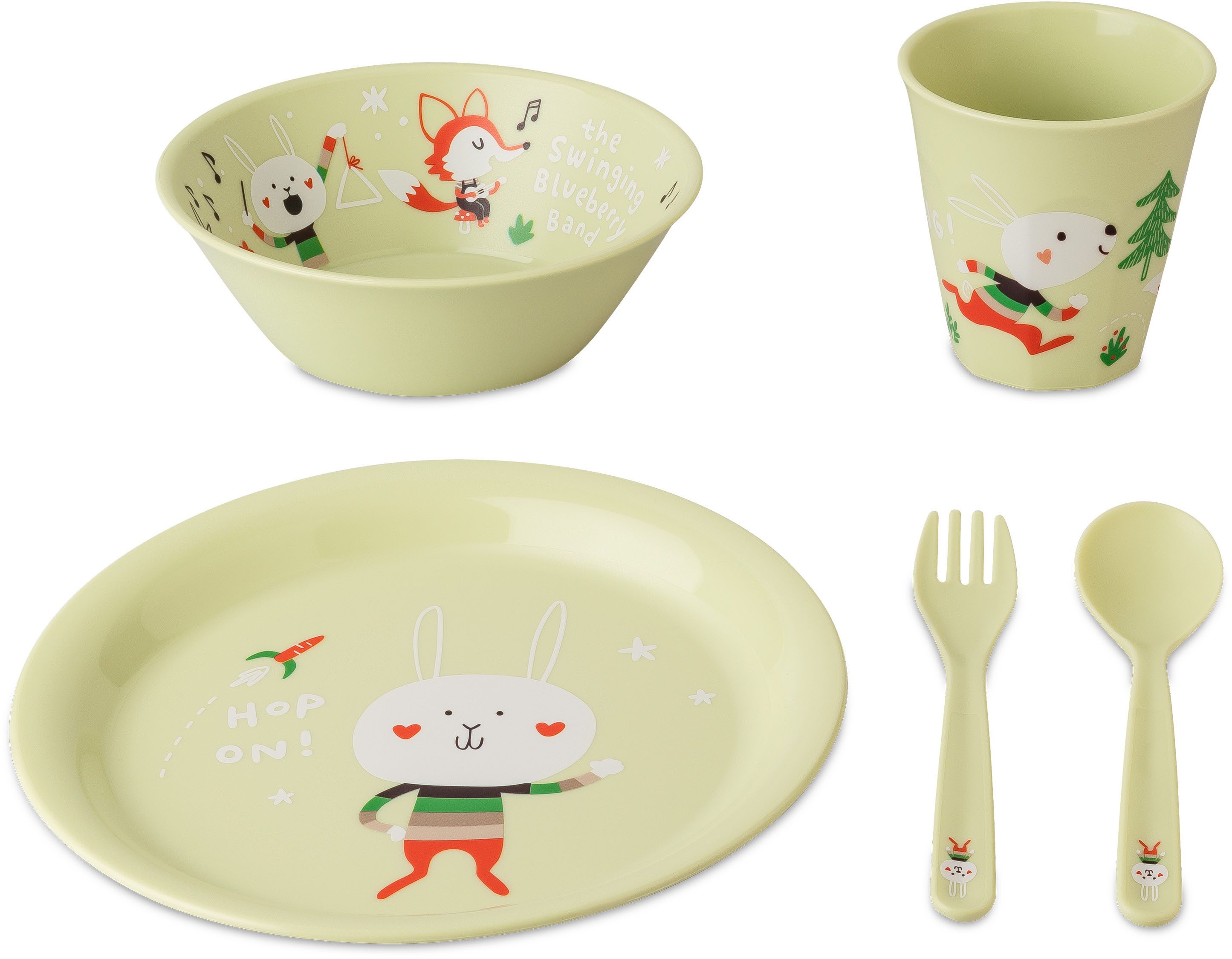 KOZIOL Kindergeschirr-Set HOP ON AT HOME (4-tlg), 1 Personen, Kunststoff, (Teller, Schale, Becher, Besteckset), melaminfrei