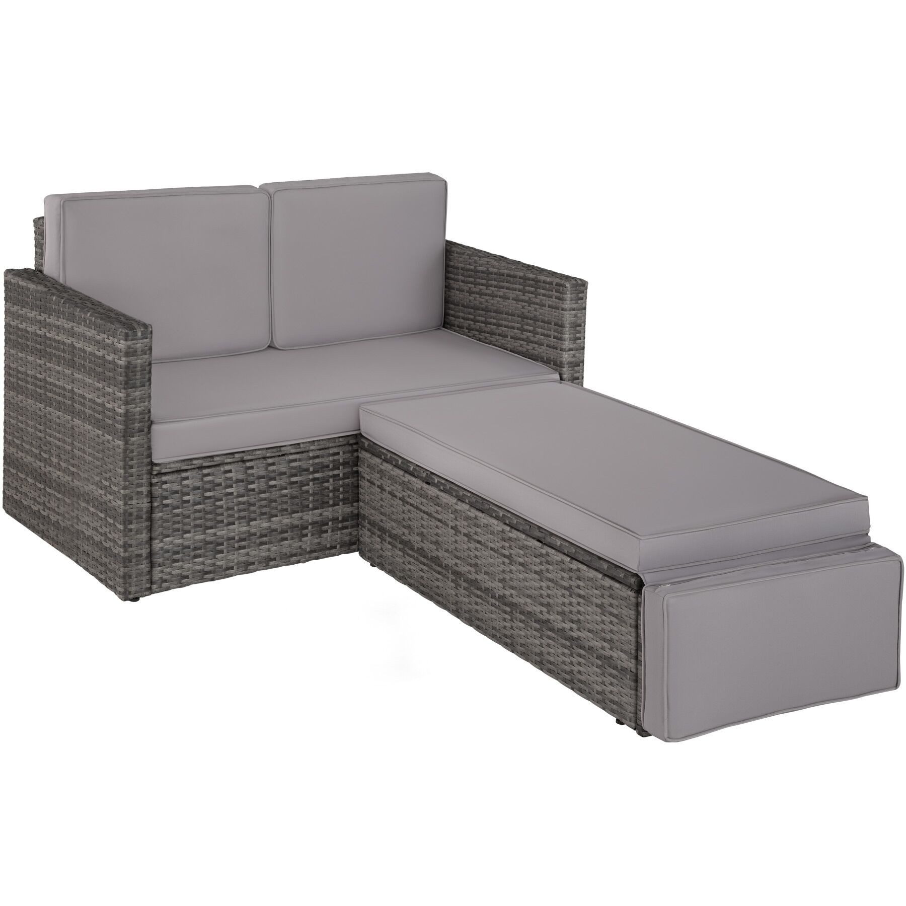 tectake Loungeset Rattan Lounge, Hocker mit klappbarer Stütze, (Gartenlounge Korfu, 2-tlg., in grau), 2-Sitzer, widerstandsfähig, UV-beständig, Dicke der Polster 8 cm
