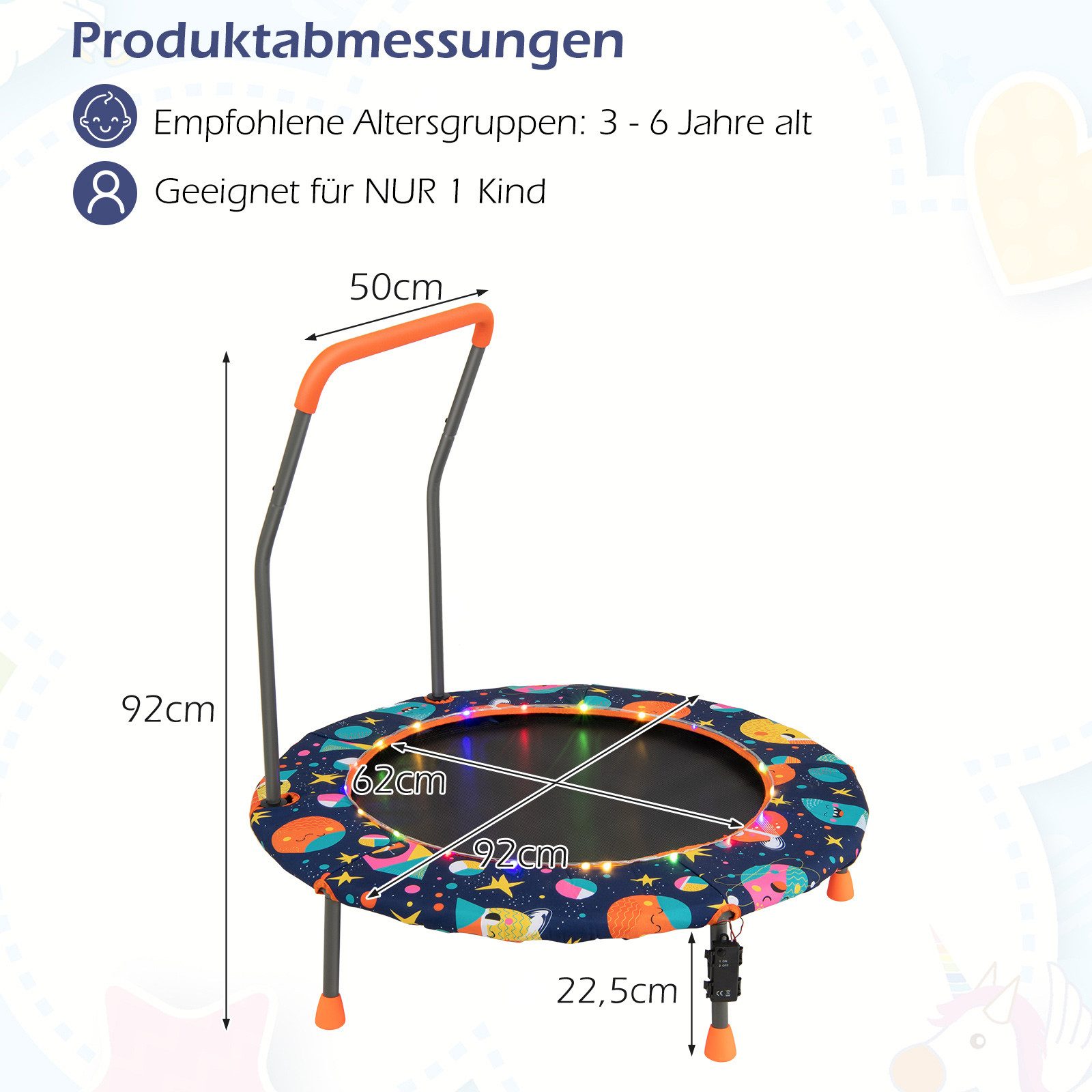 COSTWAY Kindertrampolin, φ92 cm mit LED & Griff