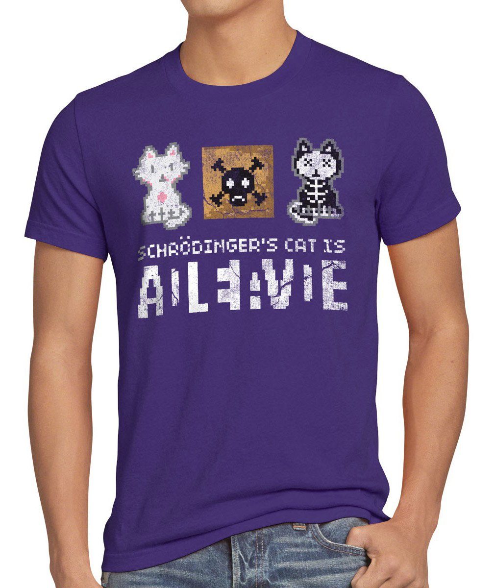 big Print-Shirt lila cat T-Shirt Schrödingers Herren schroedinger sheldon bang Katze style3 8Bit cooper