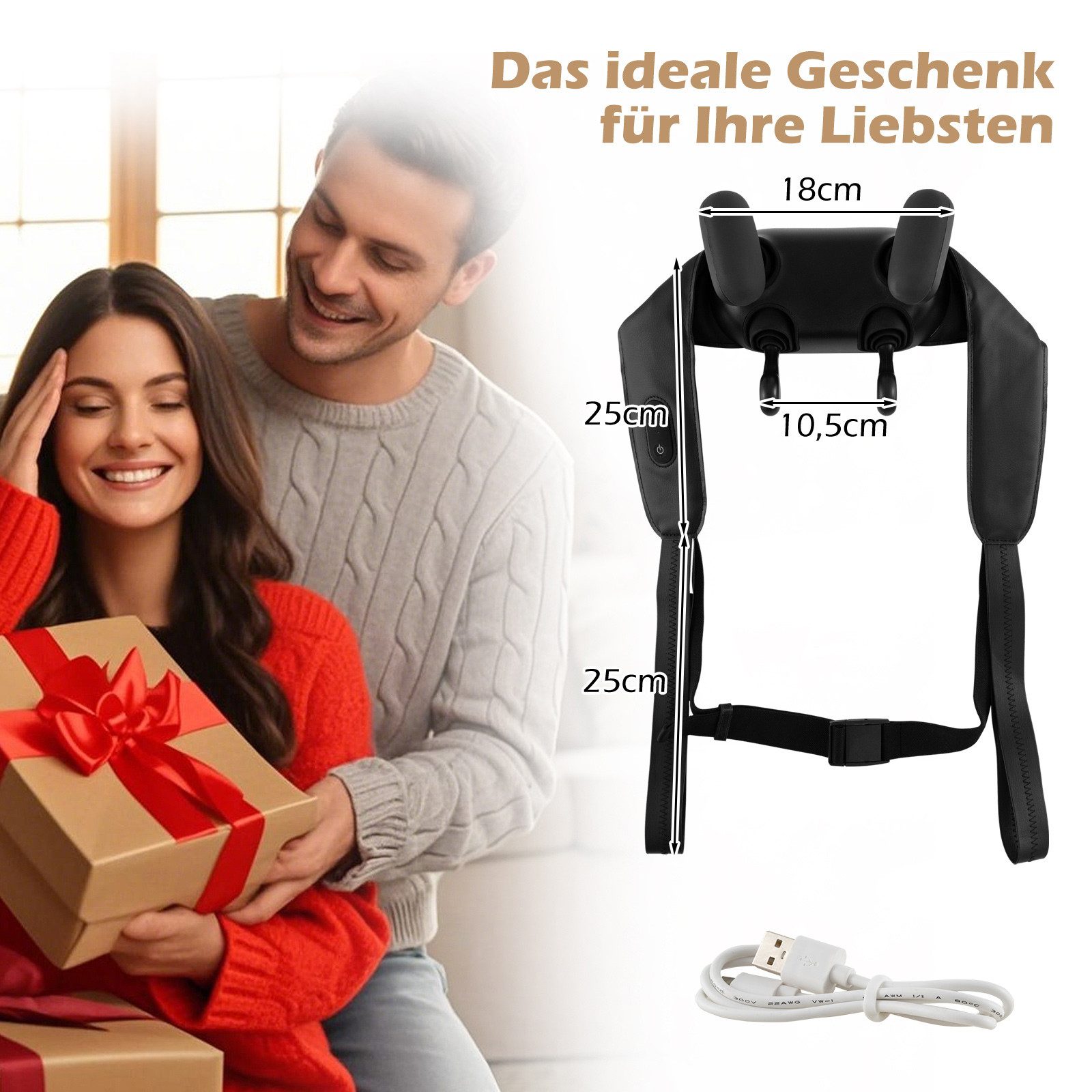 COSTWAY Nacken-Massagegerät, 4D Kneten Shiatsu mit 2 Wärmestufen, kabellos
