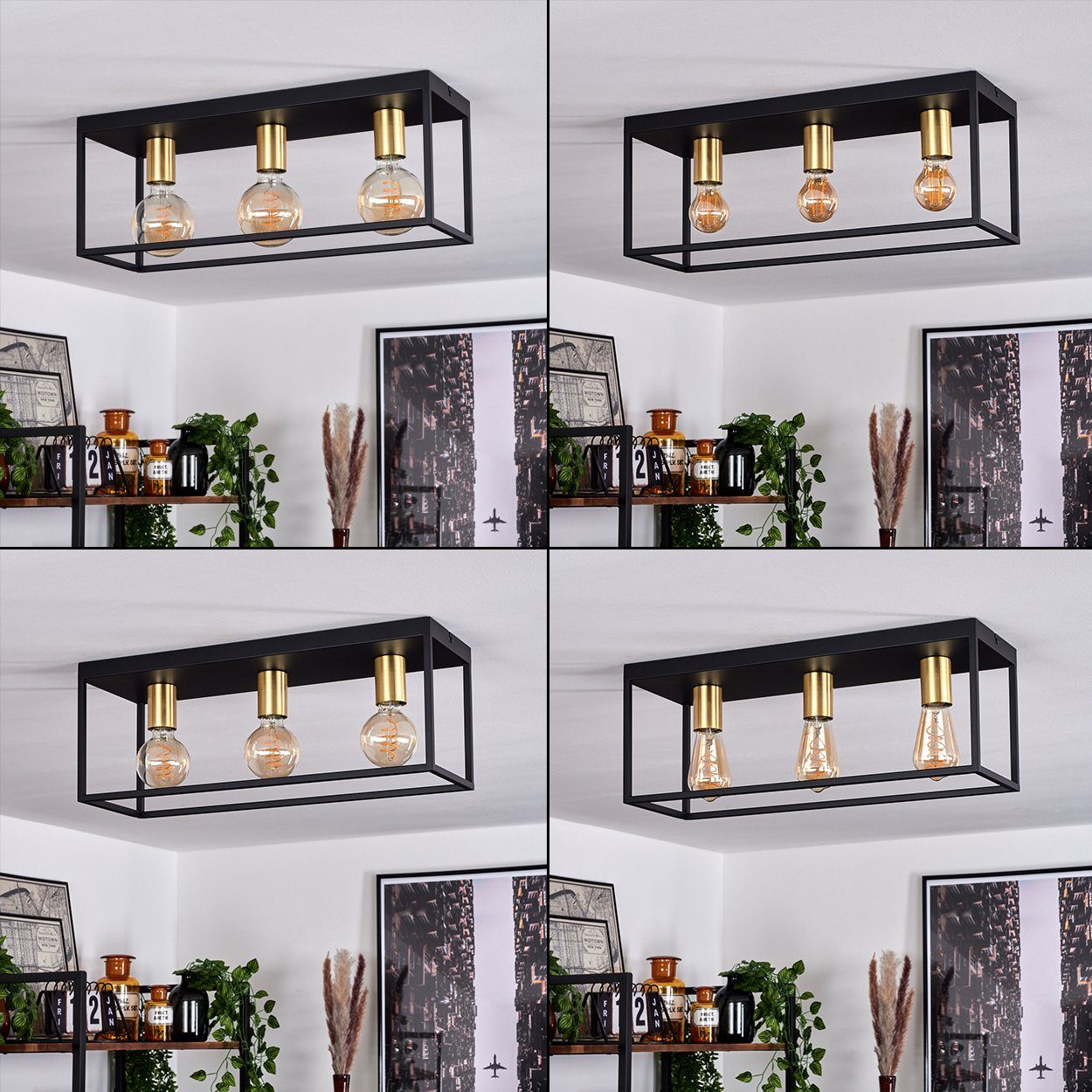 Deckenleuchte »Palazzetto« in Lichteffekt 3xE27 moderne ohne Deckenlampe aus Leuchtmittel, Schwarz/Messingfarben, Gitter-Optik, längliche Leuchte durch hofstein Metall mit