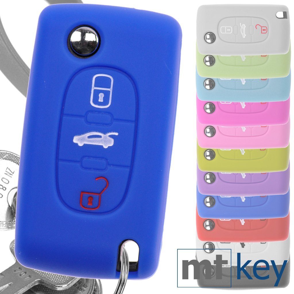 mt-key Schlüsseltasche Autoschlüssel Softcase Silikon Schutzhülle Blau, für Peugeot 307 308 I 407 Expert RCZ Citroen C4 C5 III 3 Tasten