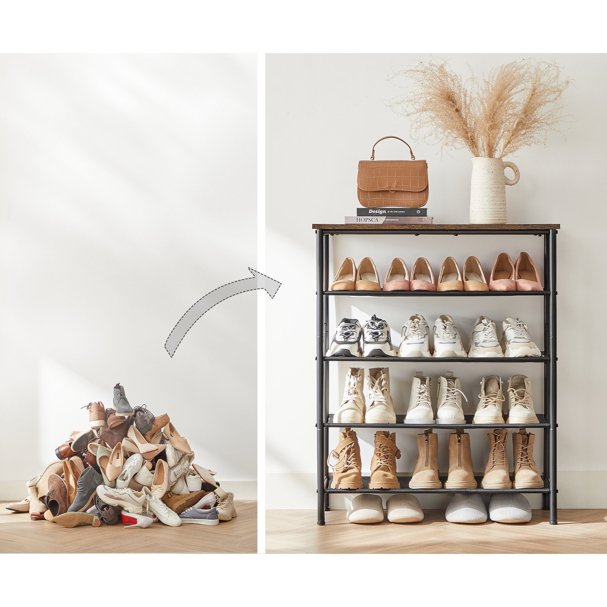 VASAGLE Schuhregal Schuhablage für Eingangsbereich, Stahl, Platzsparend, Industrie-Design, Schuhregal mit 5 Ebenen, 4 Stoffablagen, große Oberfläche für Taschen – Bild 4 von 5