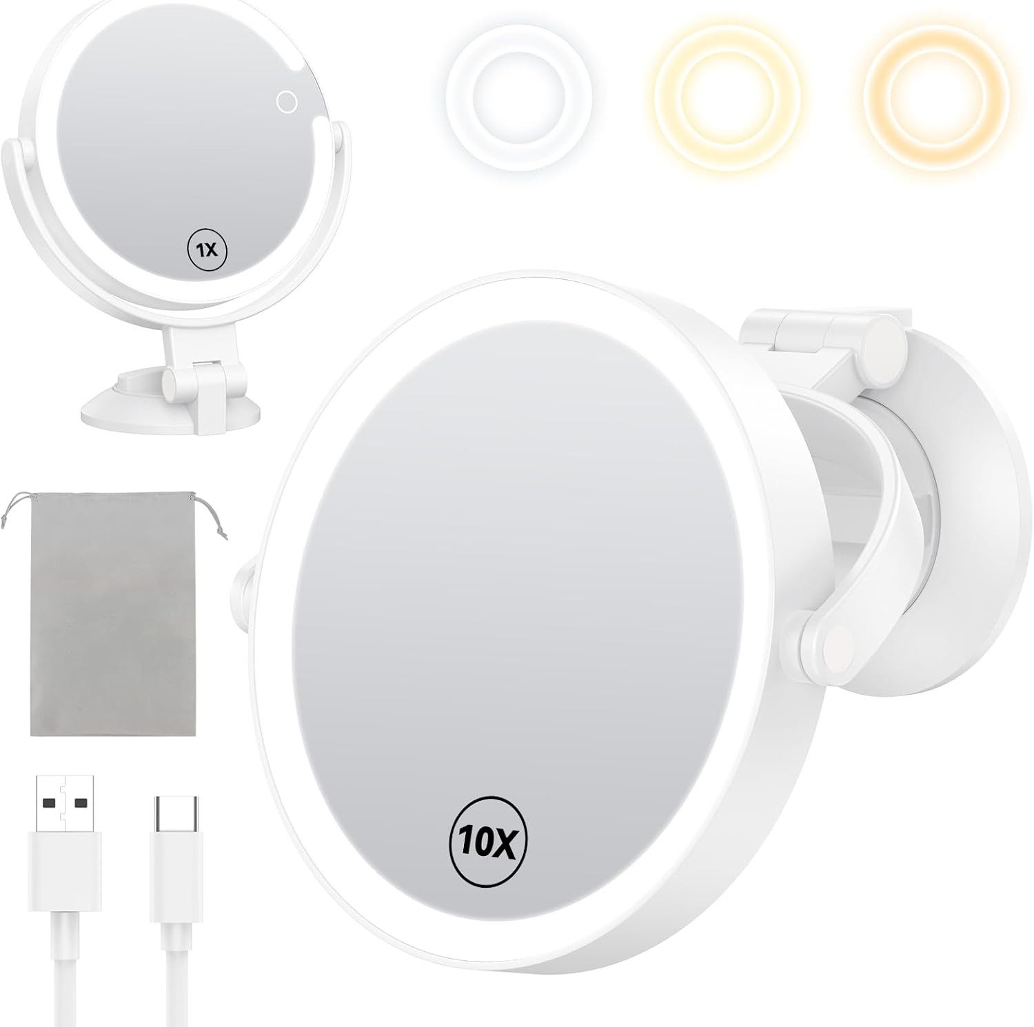 Vornix Schminkspiegel Kosmetikspiegel Schminkspiegel mit Beleuchtung (1X/10X Vergrößerung, 3 Lichtmodi, USB-C Aufladbarer, Doppelseitiger LED-Lichtspiegel mit Saugnapf), Kosmetikspiegel für Wand & Tisch,360° Drehbar für Badezimmer