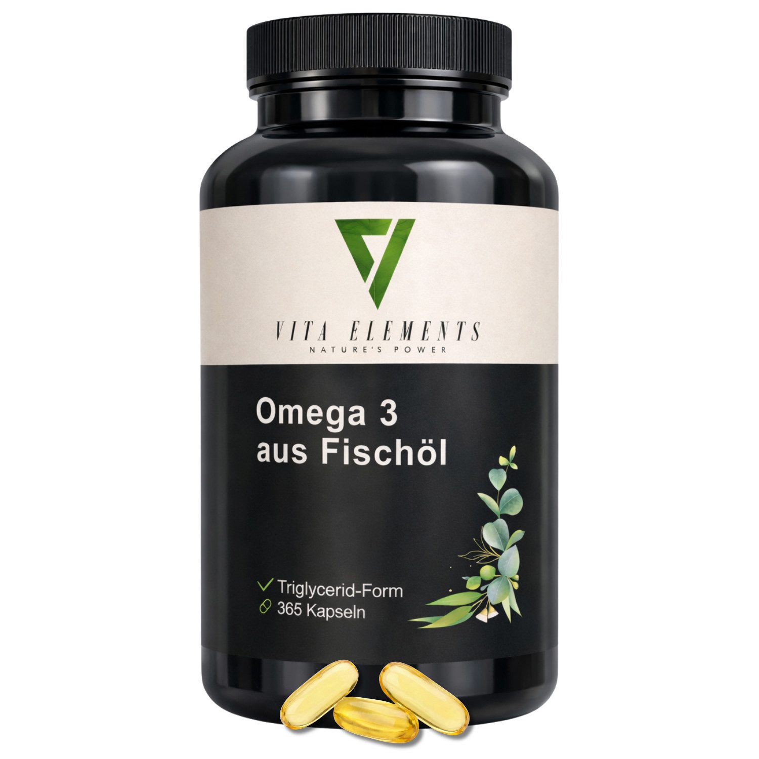 Vita Elements Omega 3 aus Fischöl - 600mg EPA & DHA in Triglycerid-Form, 365 Kapseln, 1 er Packung à 365 St., Hochdosiert, Ohne unnötige Zusatzstoffe, Laborgeprüft in Deutschland