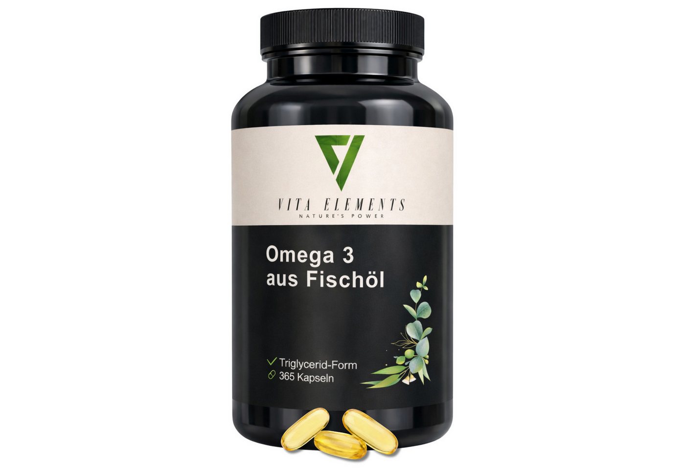 Vita Elements Omega 3 aus Fischöl - 600mg EPA & DHA in Triglycerid-Form, 365 Kapseln, 1 er Packung à 365 St., Hochdosiert, Ohne unnötige Zusatzstoffe, Laborgeprüft in Deutschland