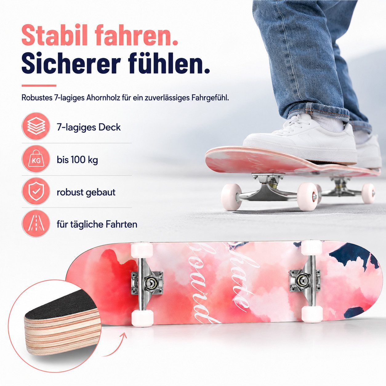 Diyarts Skateboard (Skate Rollerboard, für Anfänger und Profis bis 100kg, langlebiges 7-lagiges Ahorn), 85A PU Räder, ABEC-7 Lager, 90° Weitwinkel