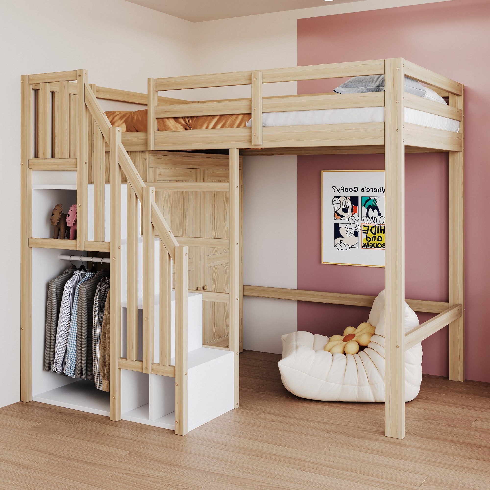Merax Hochbett (1-St., Jugendbett Jugendbett Einzelbett) Massivholz Kinderbett 90x200cm mit Staurumtreppe & Kleiderschrank