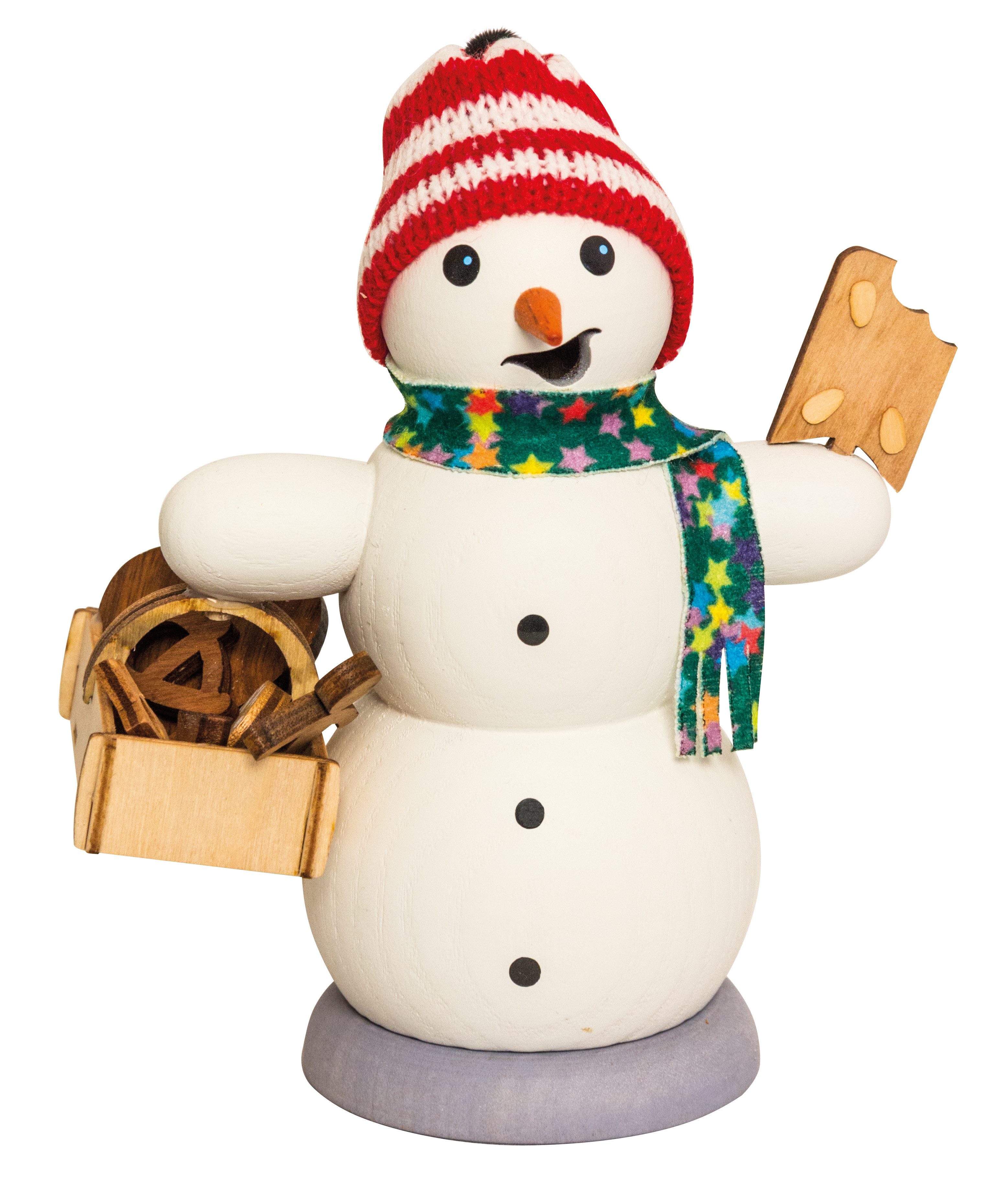 Kuhnert Räuchermännchen Schneemann mit Lebkuchenkorb - 13 cm - für Räucherkerzen der Größe M, aus Holz gefertigt - Handarbeit aus dem Erzgebirge - Made in Germany