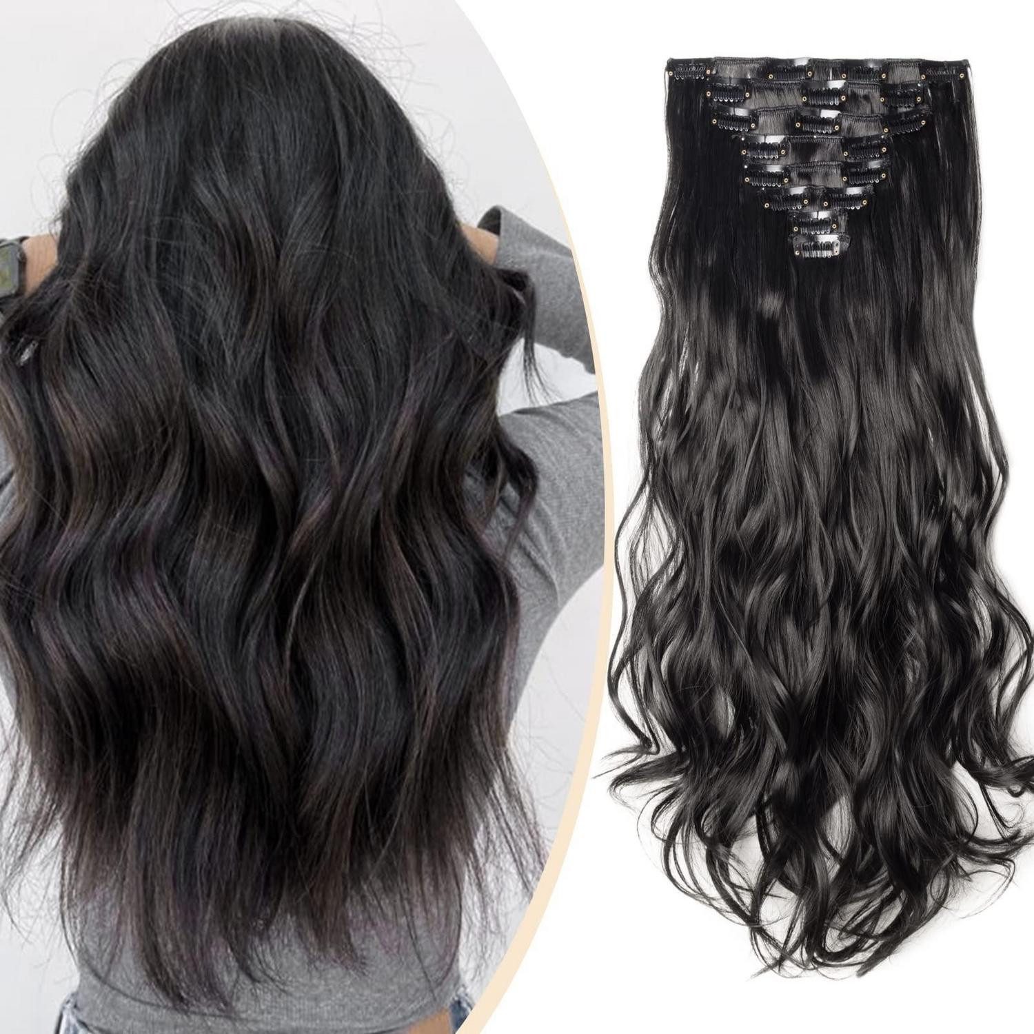 LuxusKollektion Echthaar-Extension Haarverlängerung Clip In Extensions Echthaar 43 cm Natürliches Schwarz